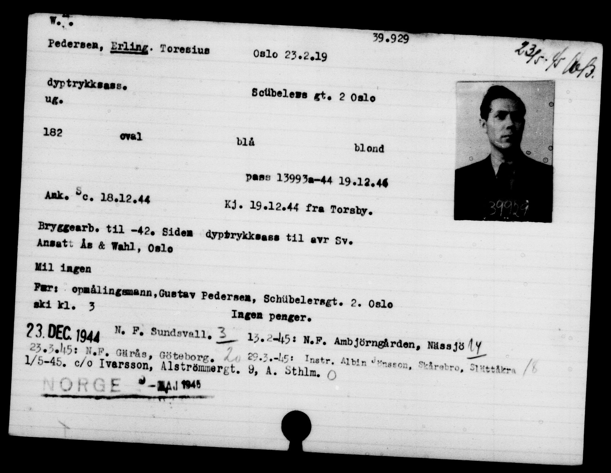 Utenriksstasjonene, Legasjonen i Stockholm, Flyktningkontoret, AV/RA-S-6753/V/Va/L0015: Kjesäterkartoteket, flyktninger med registreringsnr. 37800-40770, 1940-1945, s. 2198