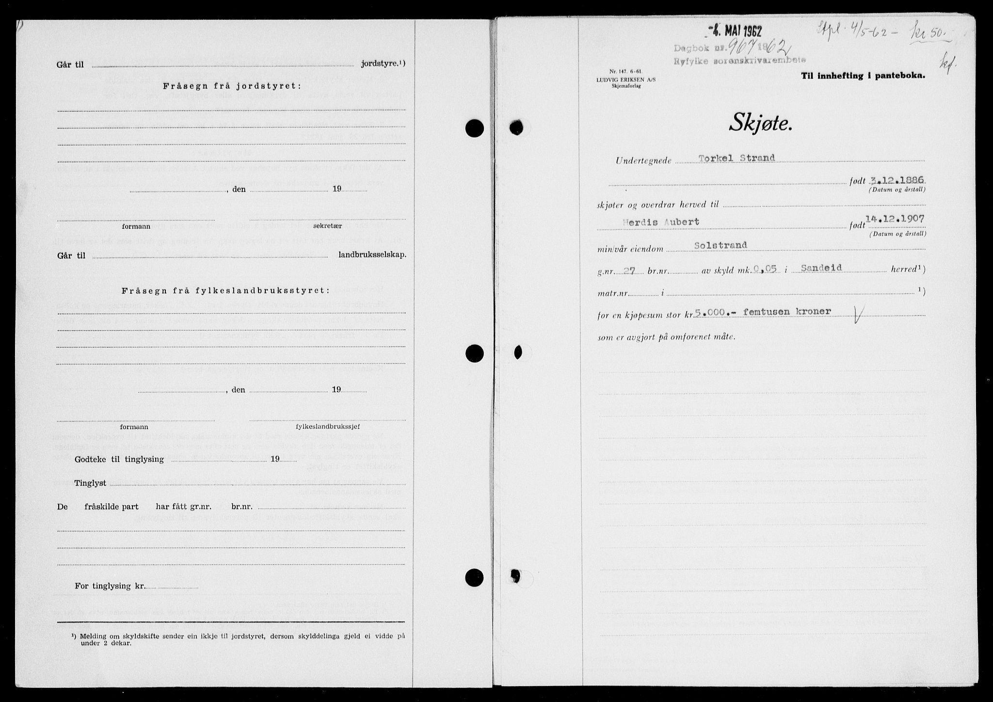 Ryfylke tingrett, SAST/A-100055/001/II/IIB: Pantebok nr. 135-142, 1961-1962, Dagboknr: 967/1962