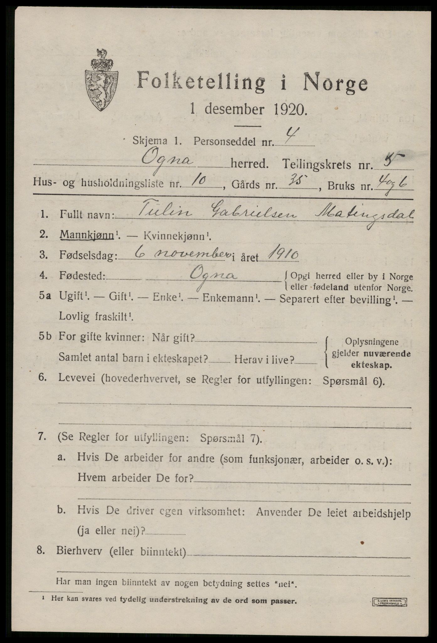 SAST, Folketelling 1920 for 1117 Ogna herred, 1920, s. 3149