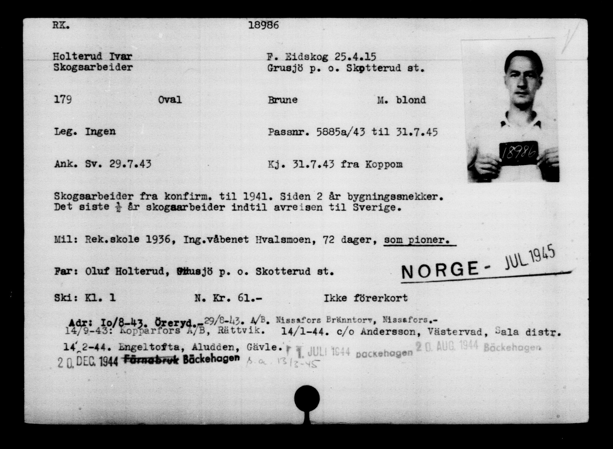 Utenriksstasjonene, Legasjonen i Stockholm, Flyktningkontoret, AV/RA-S-6753/V/Va/L0009: Kjesäterkartoteket, flyktninger med registreringsnr. 18502-22048, 1940-1945, s. 568