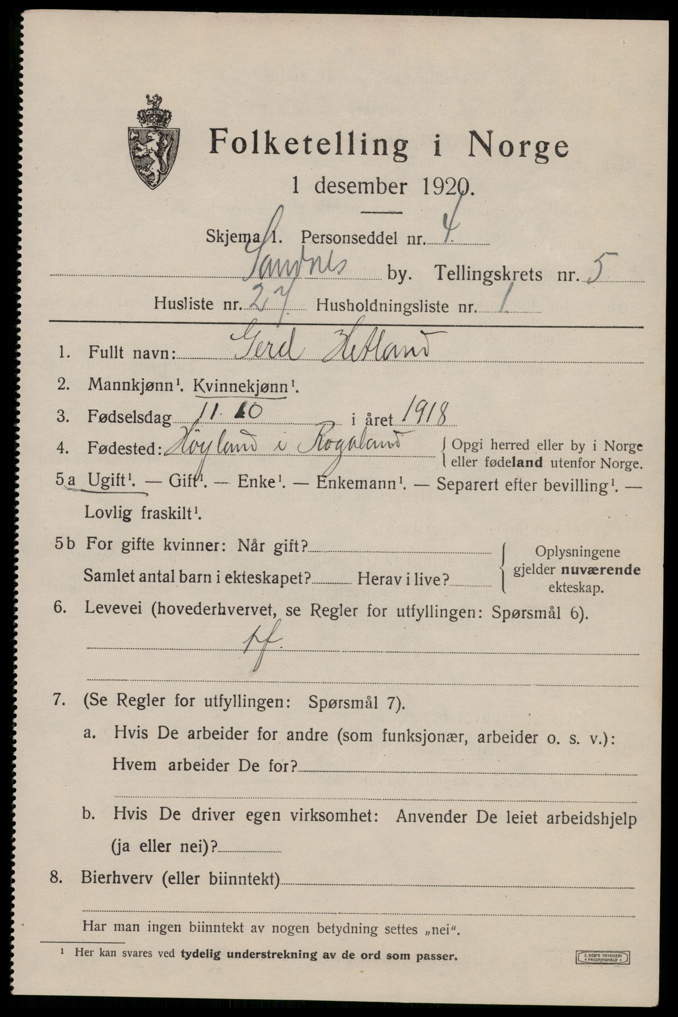 SAST, Folketelling 1920 for 1102 Sandnes ladested, 1920, s. 4984