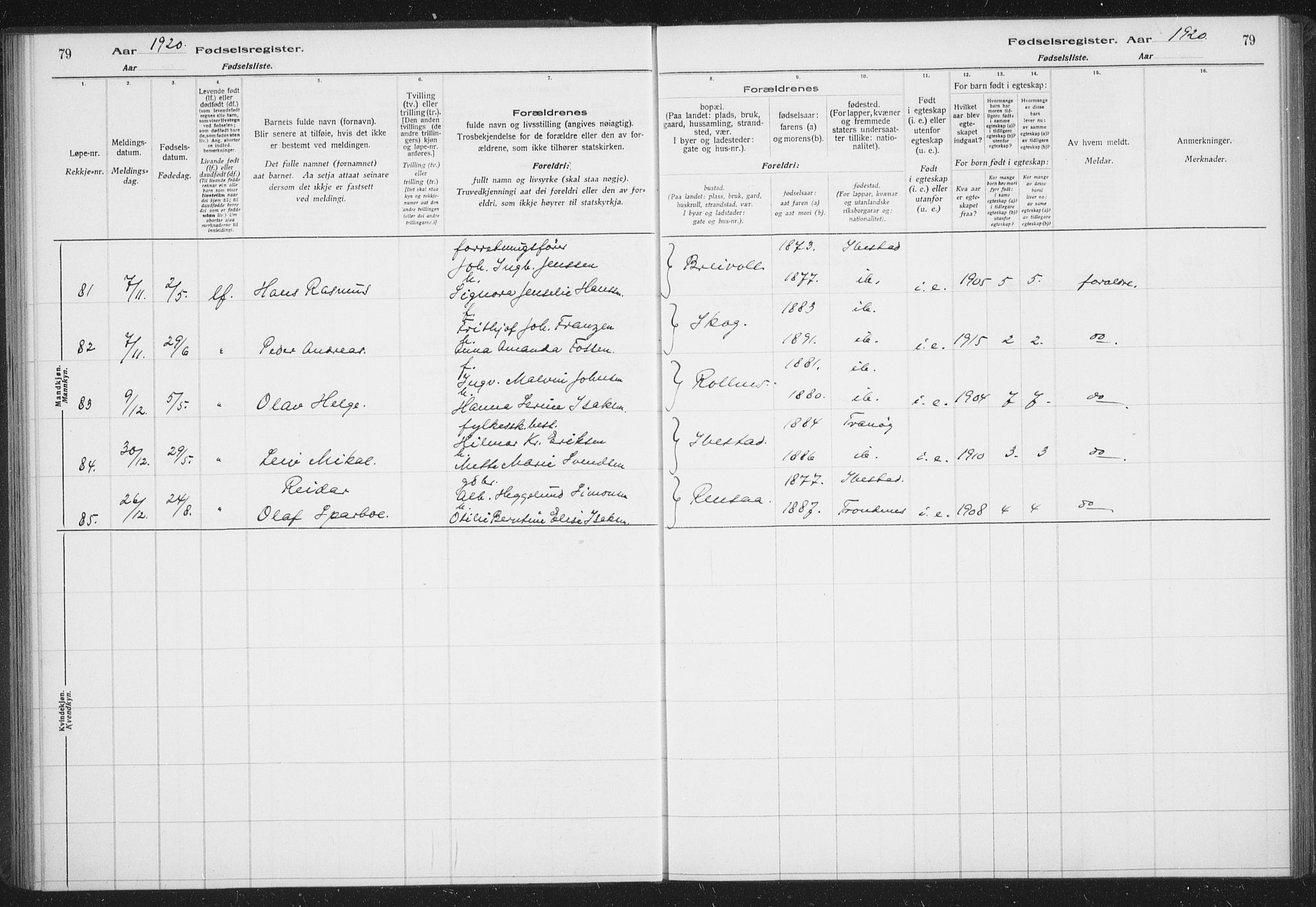 Ibestad sokneprestembete, AV/SATØ-S-0077/I/Ic/L0061: Fødselsregister nr. 61, 1917-1929, s. 79
