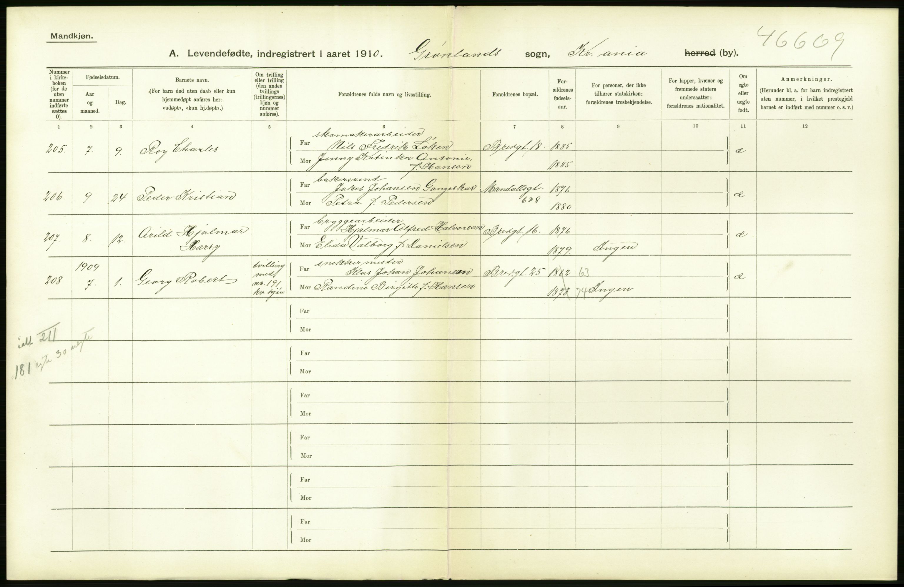 Statistisk sentralbyrå, Sosiodemografiske emner, Befolkning, RA/S-2228/D/Df/Dfa/Dfah/L0006: Kristiania: Levendefødte menn., 1910, s. 676