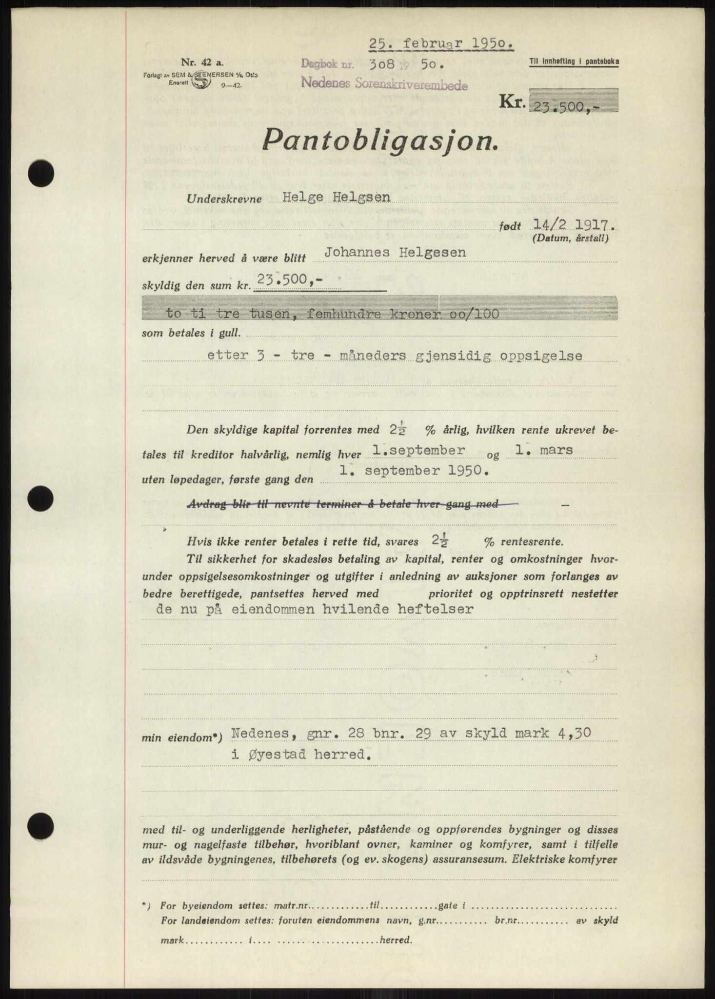 Nedenes sorenskriveri, SAK/1221-0006/G/Gb/Gbb/L0007: Pantebok nr. B7, 1949-1950, Dagboknr: 308/1950