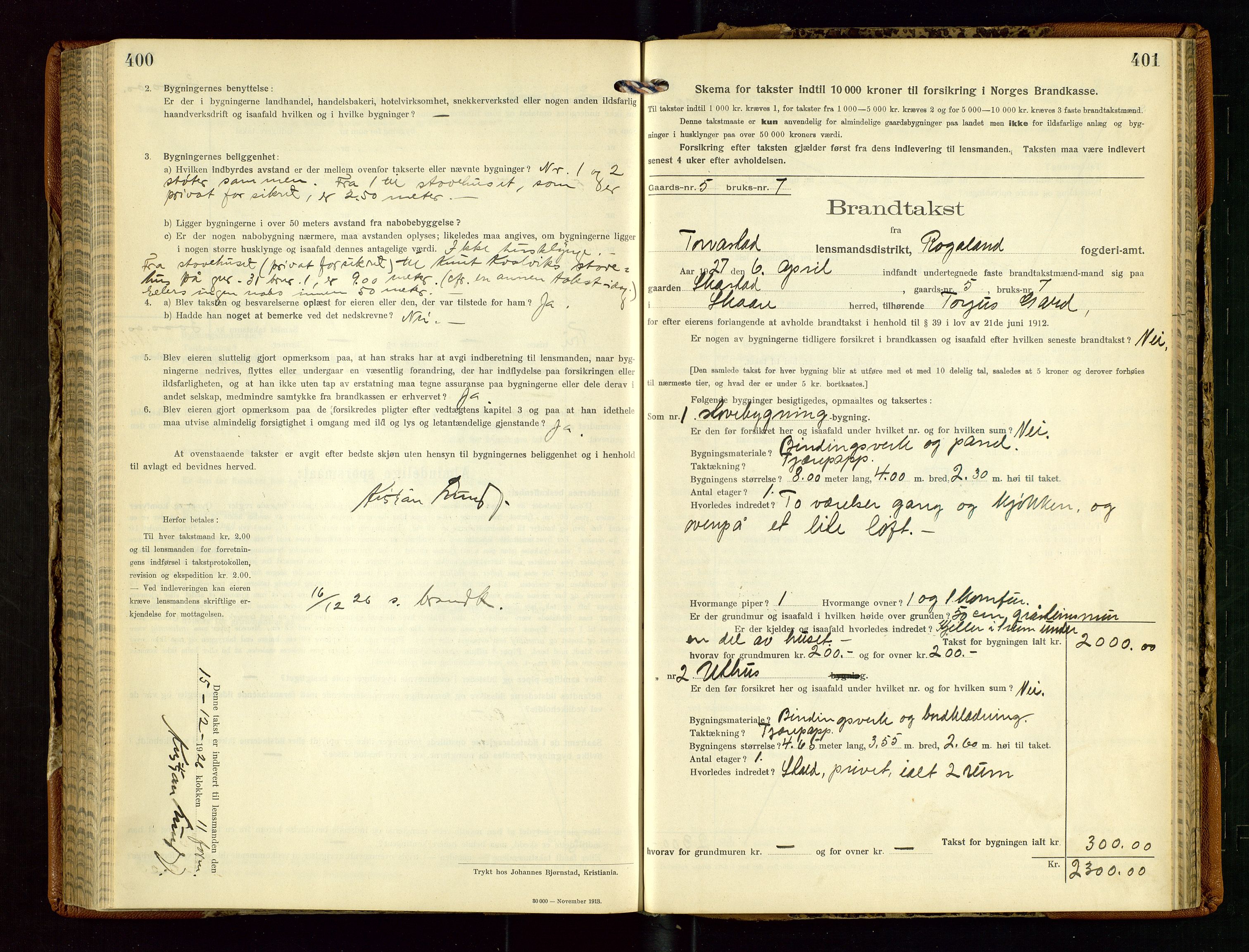 Torvestad lensmannskontor, AV/SAST-A-100307/1/Gob/L0005: "Brandtaxationsprotokol for Torvestad Lensmannsdistrikt", 1915-1928, s. 400-401