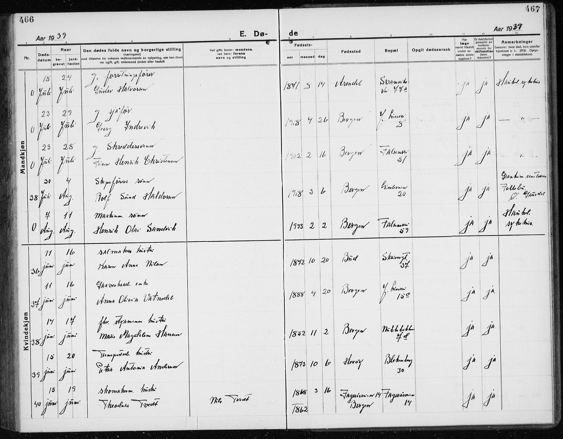 Årstad Sokneprestembete, AV/SAB-A-79301/H/Hab/L0025: Klokkerbok nr. D 2, 1922-1940, s. 466-467