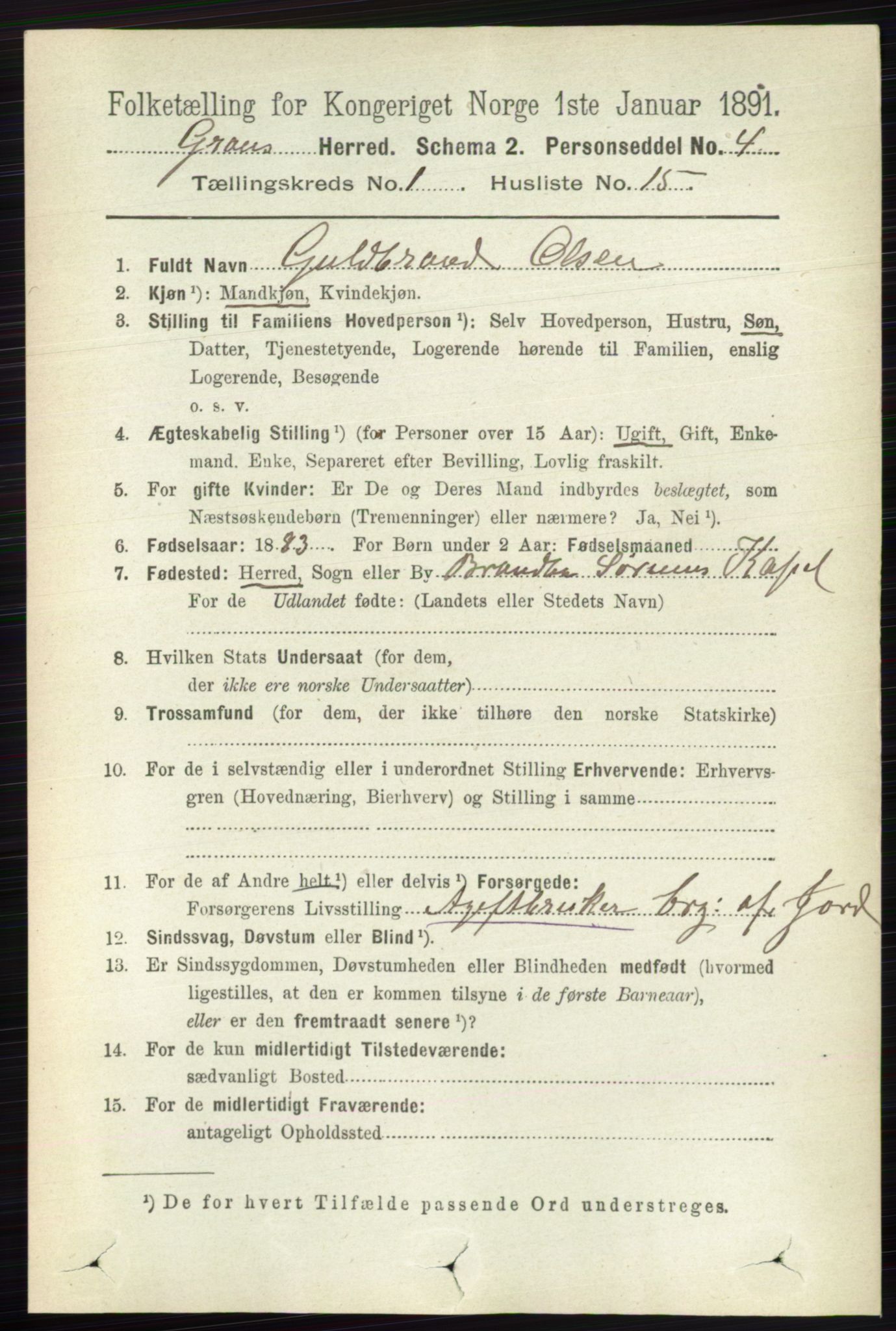RA, Folketelling 1891 for 0534 Gran herred, 1891, s. 154