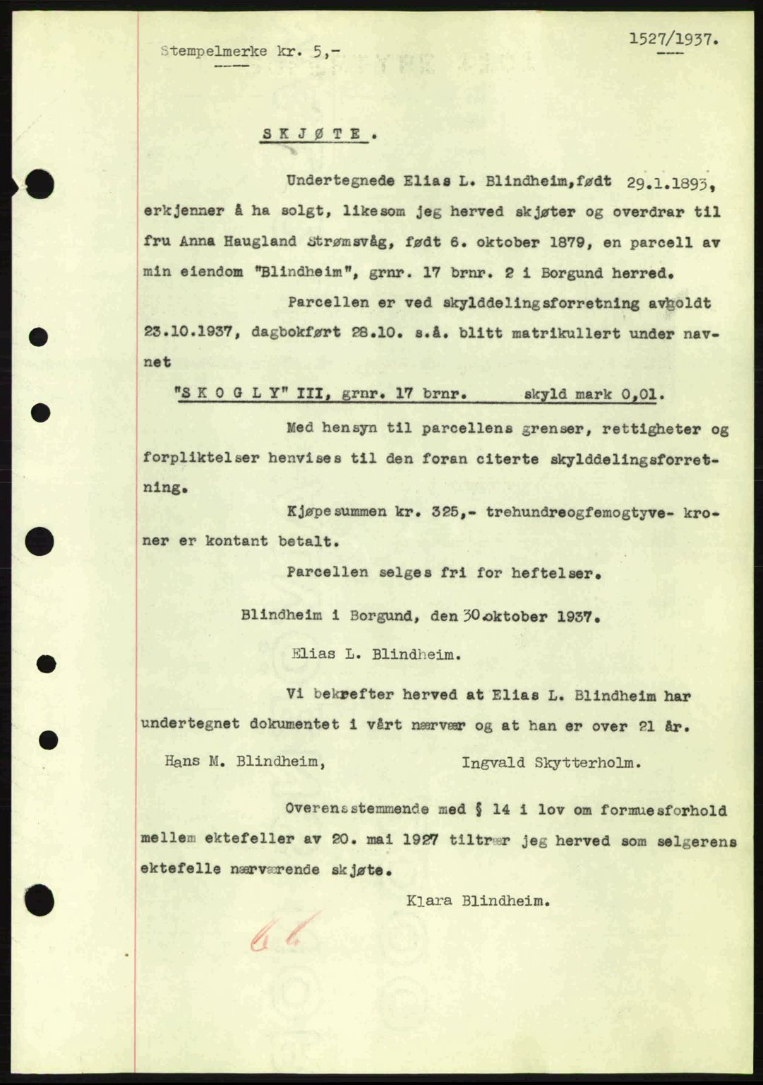 Nordre Sunnmøre sorenskriveri, SAT/A-0006/1/2/2C/2Ca: Pantebok nr. A3, 1937-1937, Dagboknr: 1527/1937