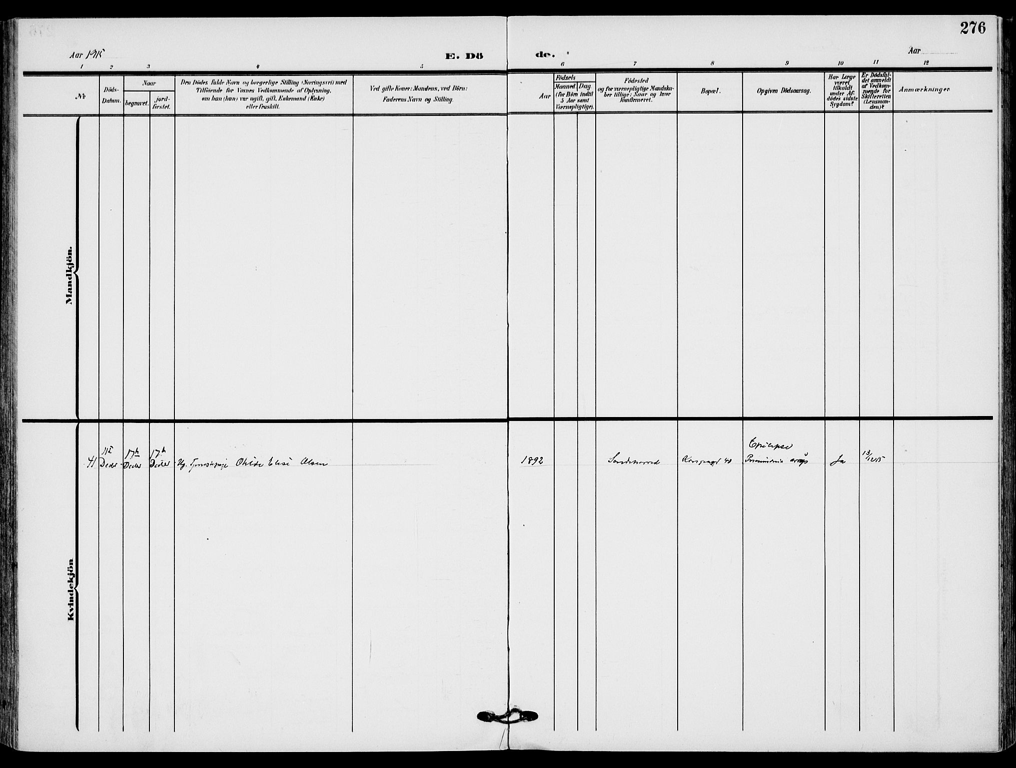 Sandefjord kirkebøker, AV/SAKO-A-315/F/Fa/L0005: Ministerialbok nr. 5, 1906-1915, s. 276