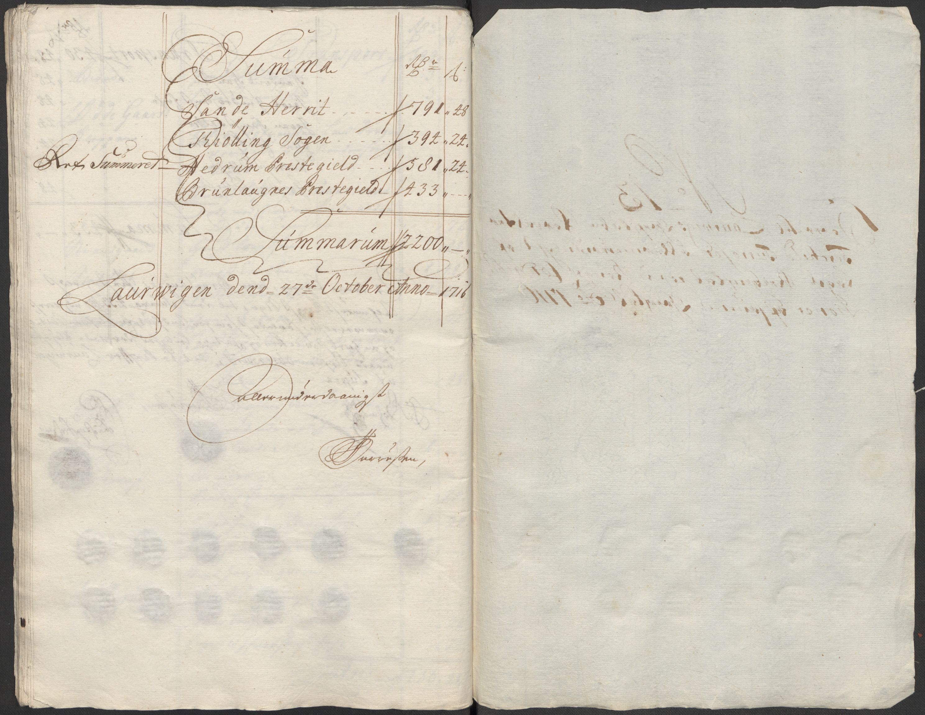 Rentekammeret inntil 1814, Reviderte regnskaper, Fogderegnskap, RA/EA-4092/R33/L1987: Fogderegnskap Larvik grevskap, 1716-1717, s. 207