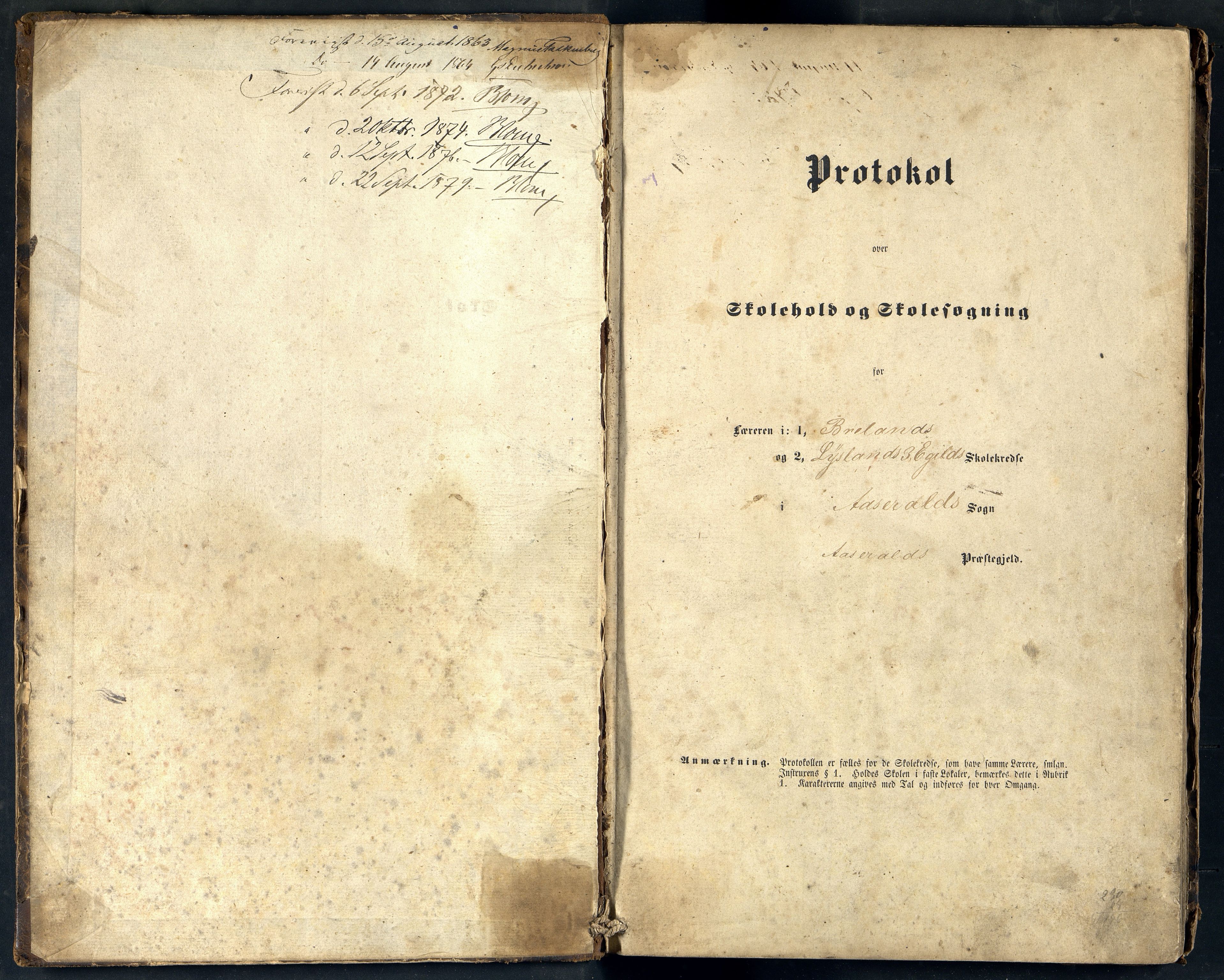 Åseral kommune - Breland Skolekrets, ARKSOR/1026ÅS550/H/L0001: Skoleprotokoll, 1862-1879