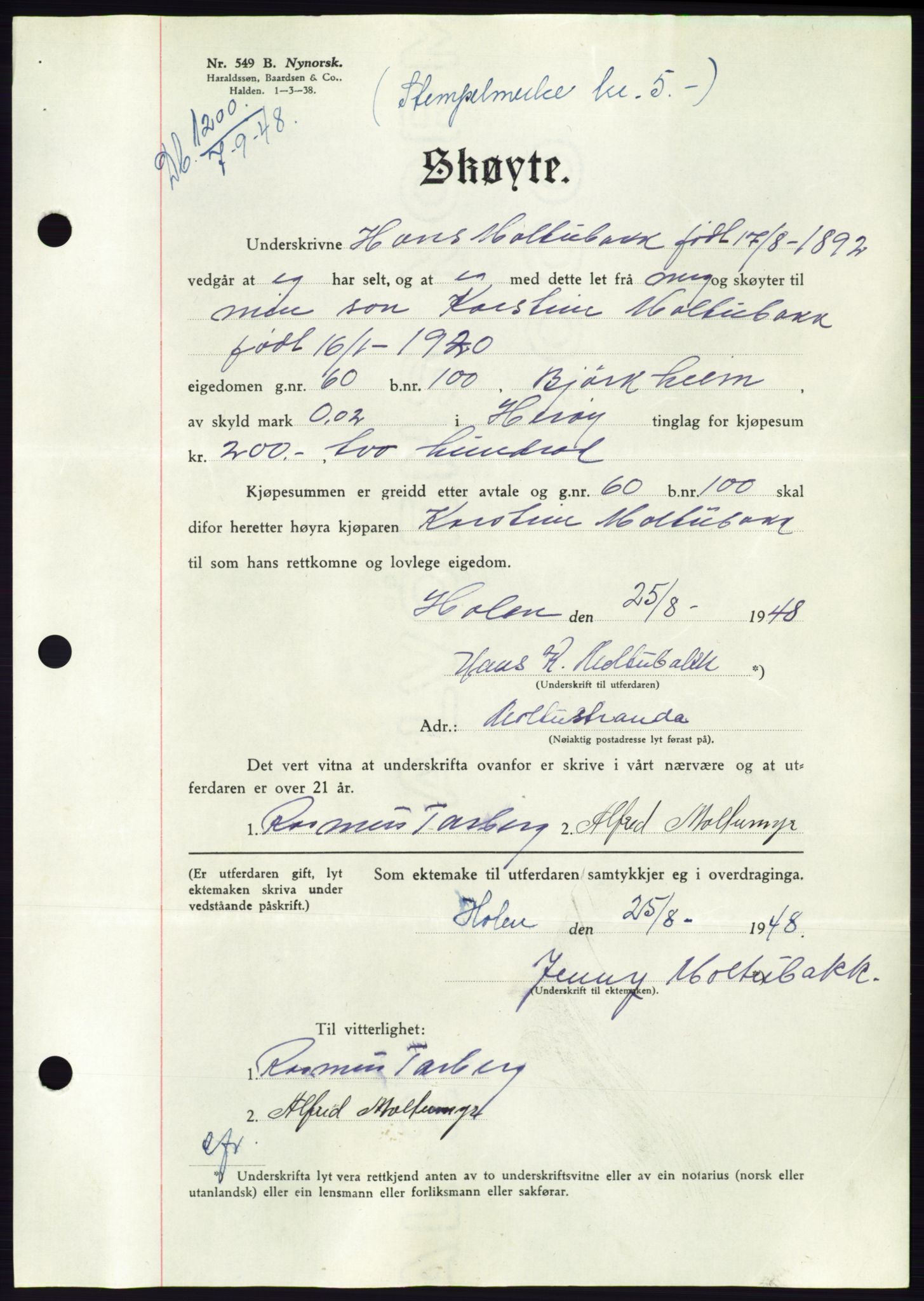 Søre Sunnmøre sorenskriveri, AV/SAT-A-4122/1/2/2C/L0082: Pantebok nr. 8A, 1948-1948, Dagboknr: 1200/1948