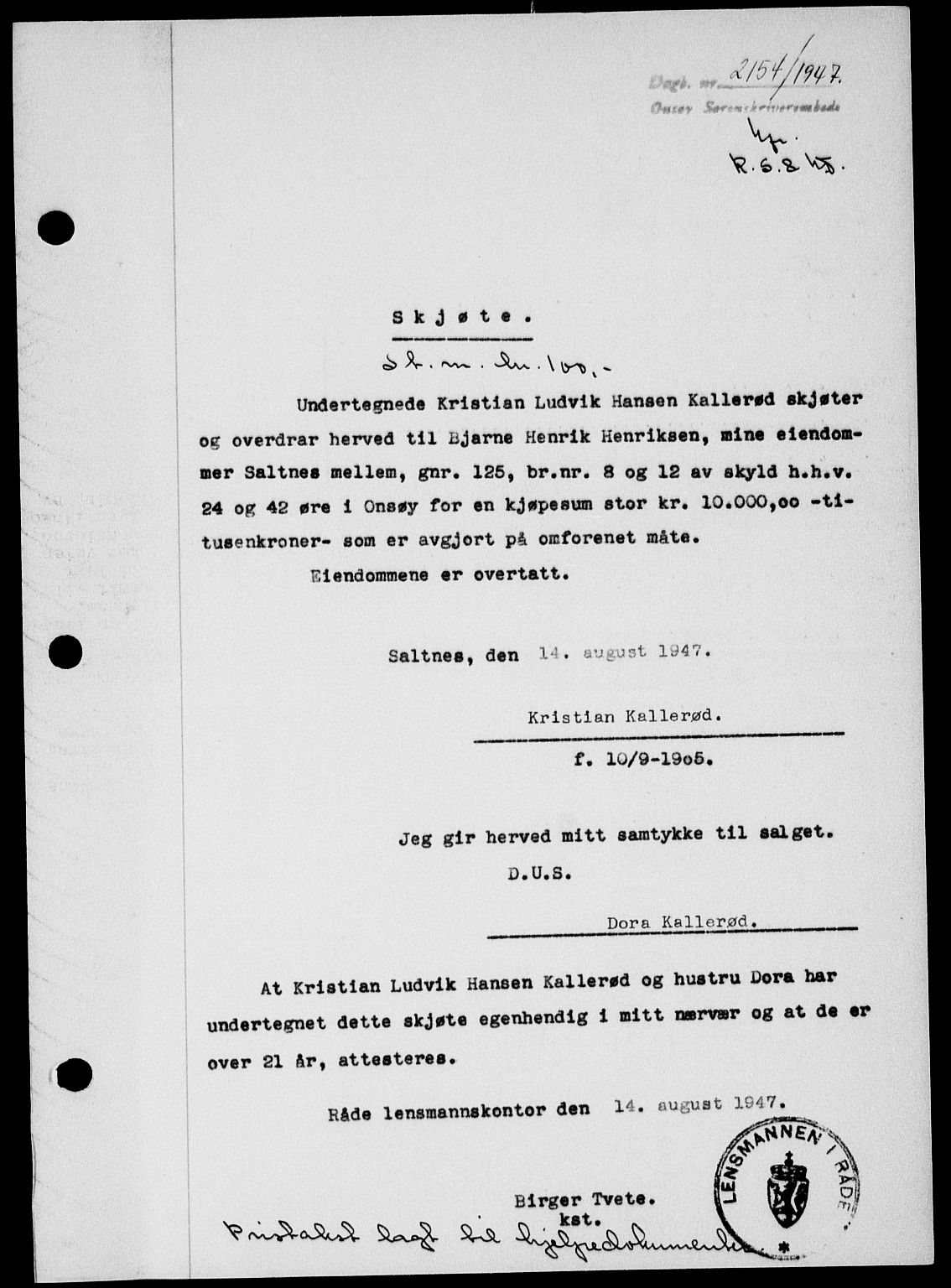 Onsøy sorenskriveri, SAO/A-10474/G/Ga/Gab/L0021: Pantebok nr. II A-21, 1947-1947, Dagboknr: 2154/1947
