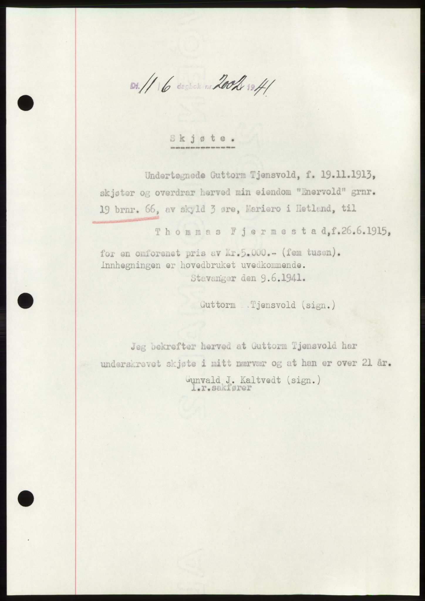 Jæren sorenskriveri, SAST/A-100310/03/G/Gba/L0080: Pantebok, 1941-1941, Dagboknr: 2002/1941