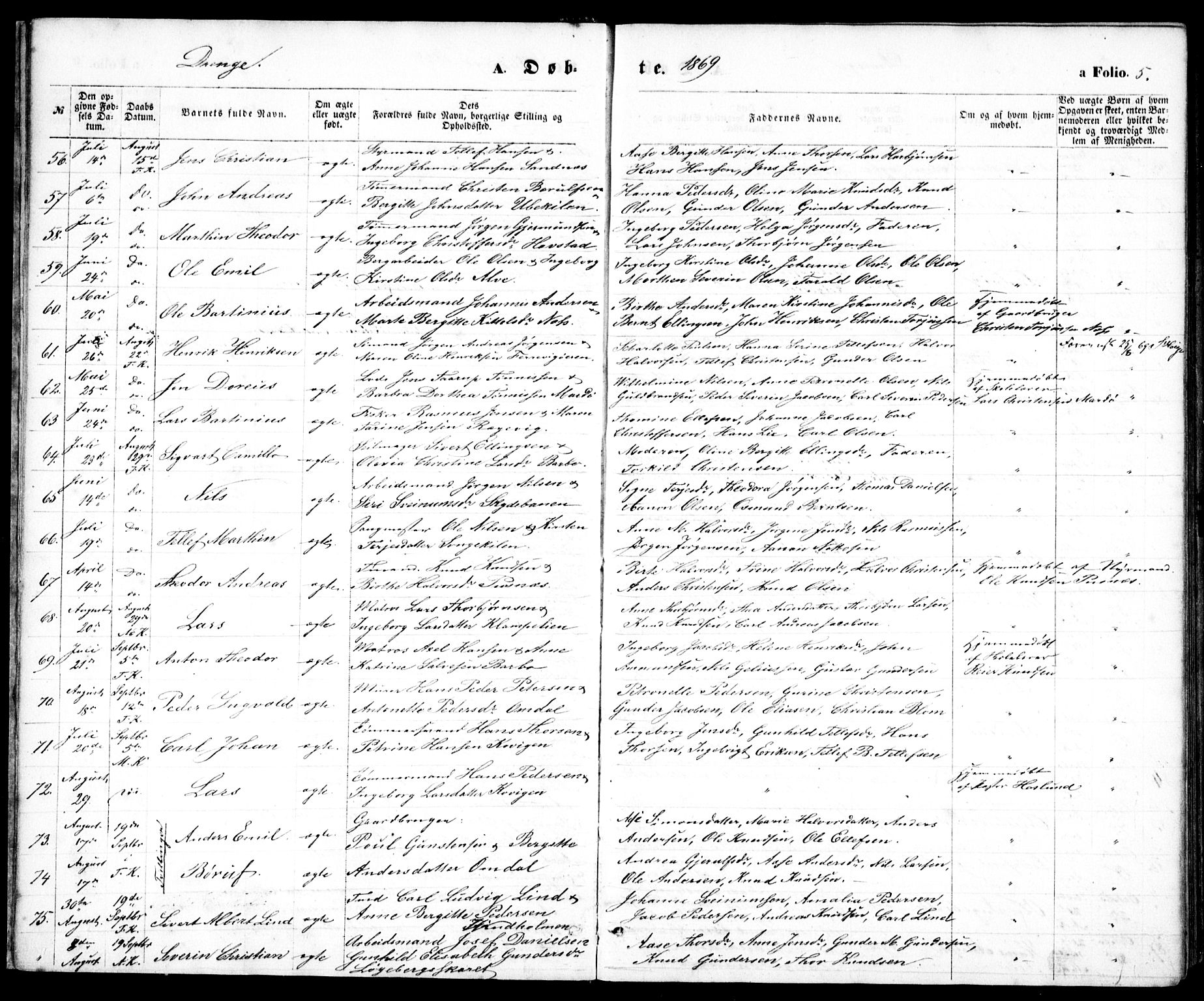 Tromøy sokneprestkontor, AV/SAK-1111-0041/F/Fb/L0004: Klokkerbok nr. B 4, 1869-1877, s. 5