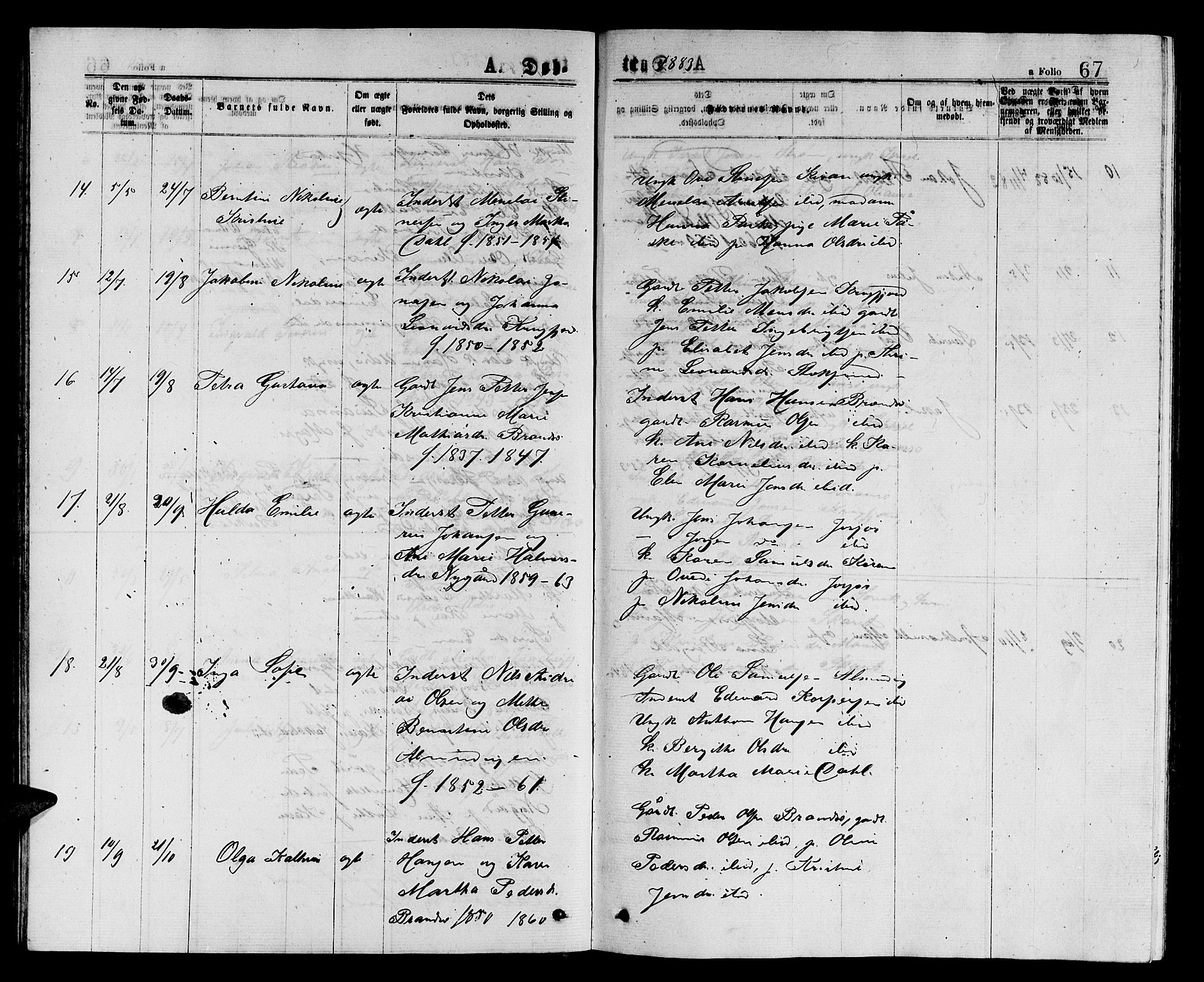 Ministerialprotokoller, klokkerbøker og fødselsregistre - Sør-Trøndelag, SAT/A-1456/657/L0715: Klokkerbok nr. 657C02, 1873-1888, s. 67