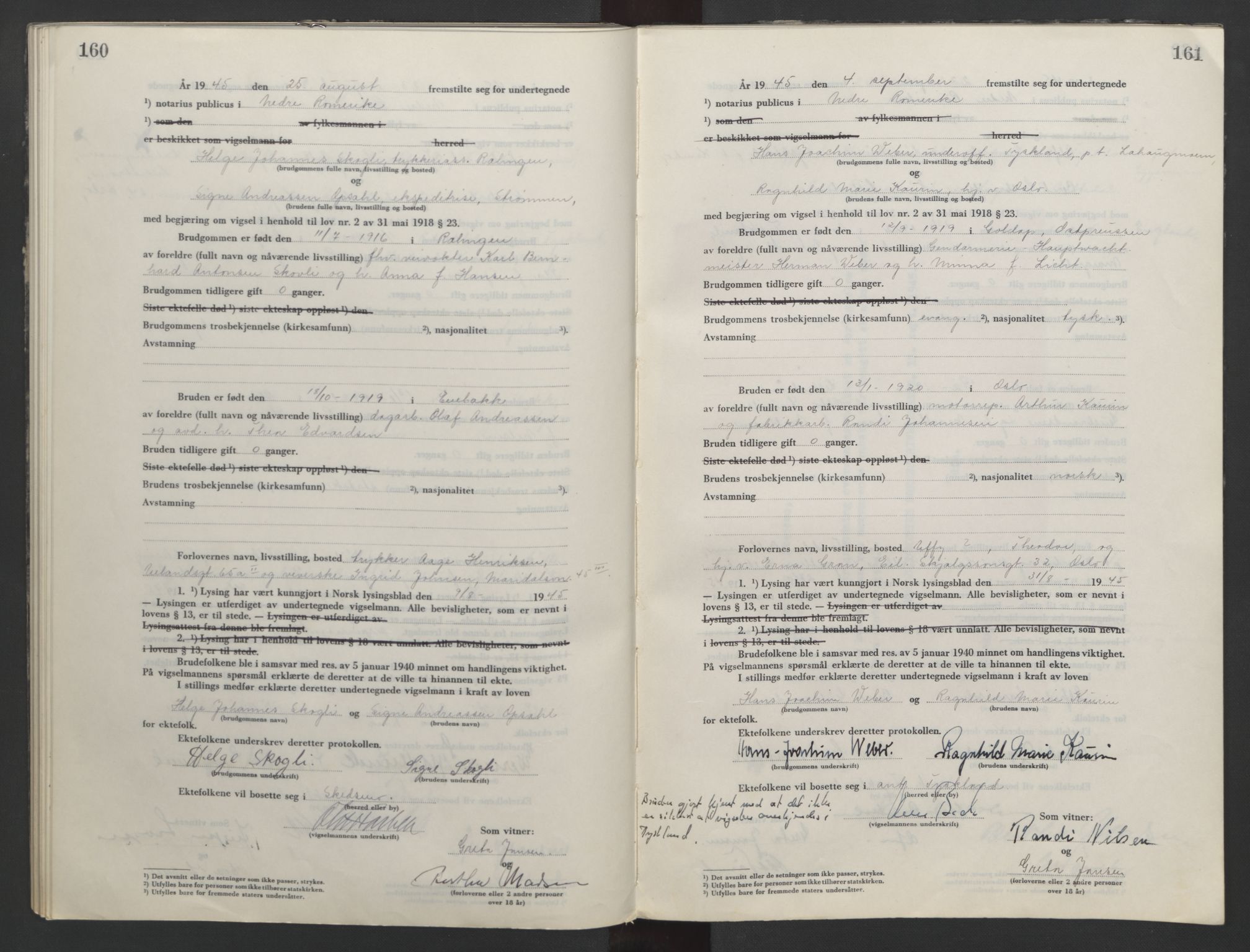 Nedre Romerike sorenskriveri, SAO/A-10469/L/Lb/L0006: Vigselsbok - borgerlige vielser, 1944-1946, s. 160-161