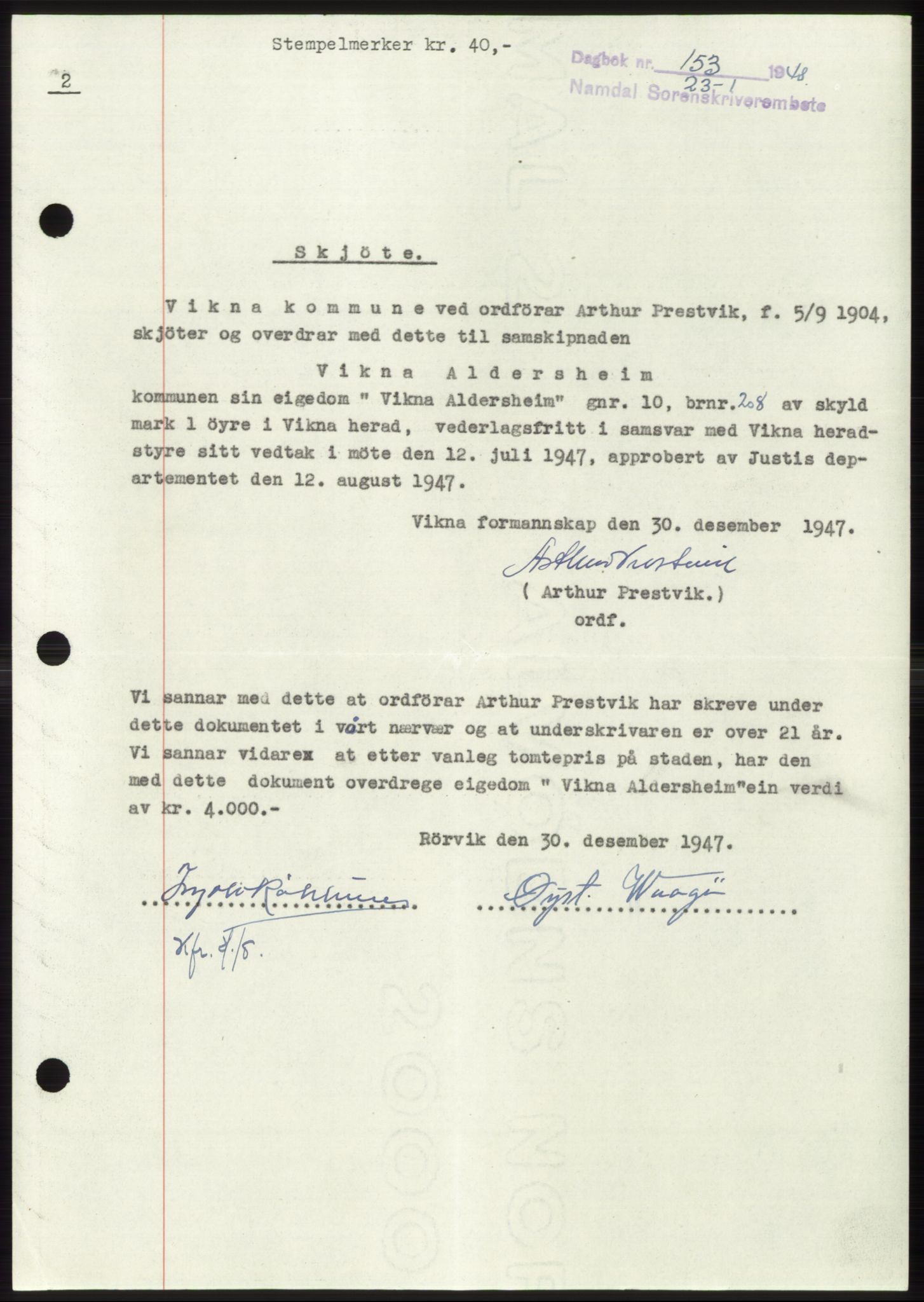 Namdal sorenskriveri, SAT/A-4133/1/2/2C: Pantebok nr. -, 1947-1948, Dagboknr: 153/1948