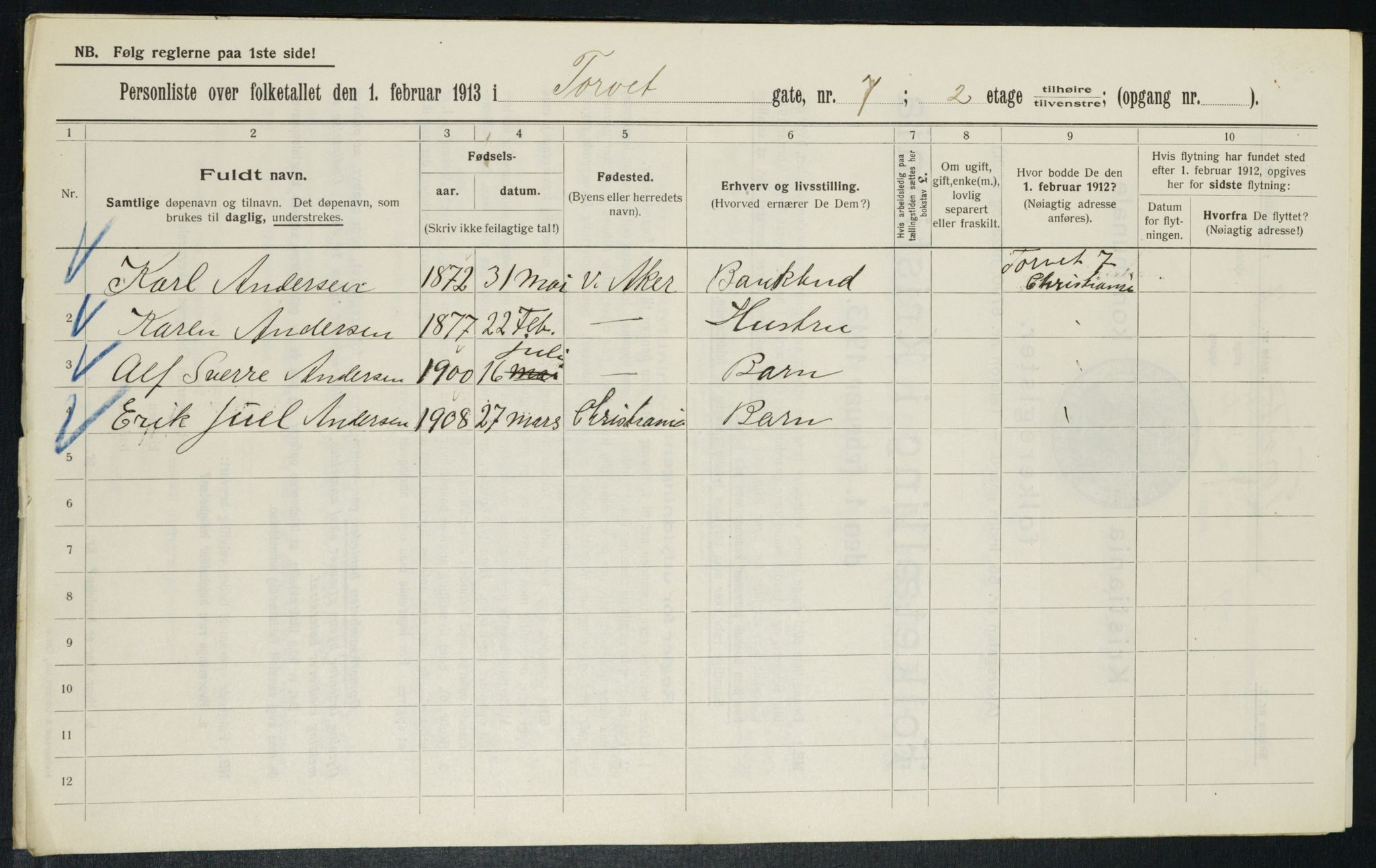 OBA, Kommunal folketelling 1.2.1913 for Kristiania, 1913, s. 103697