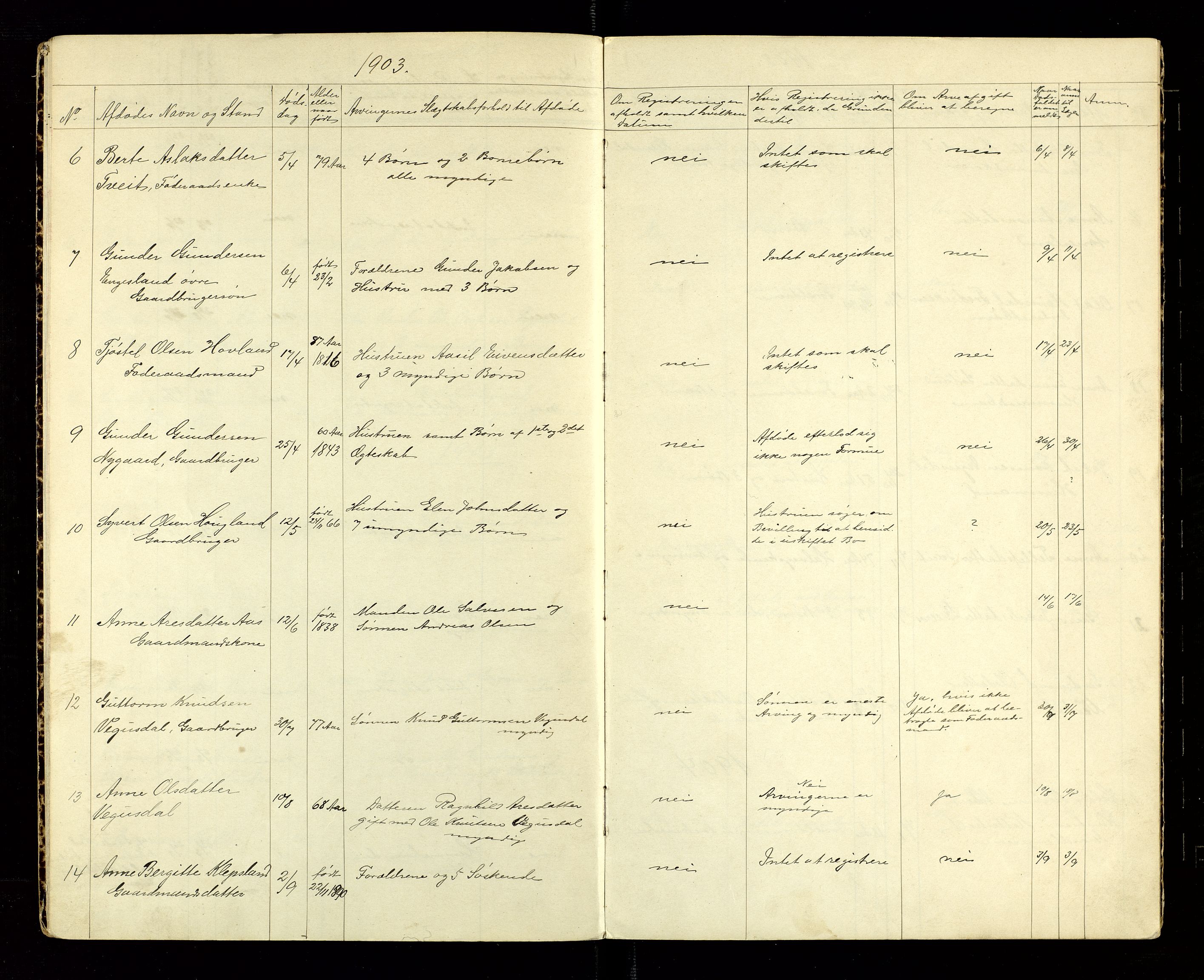 Vegusdal lensmannskontor, AV/SAK-1241-0048/F/Fe/L0001/0001: Dødsfallsprotokoller / Dødsfallsprotokoll, 1901-1923