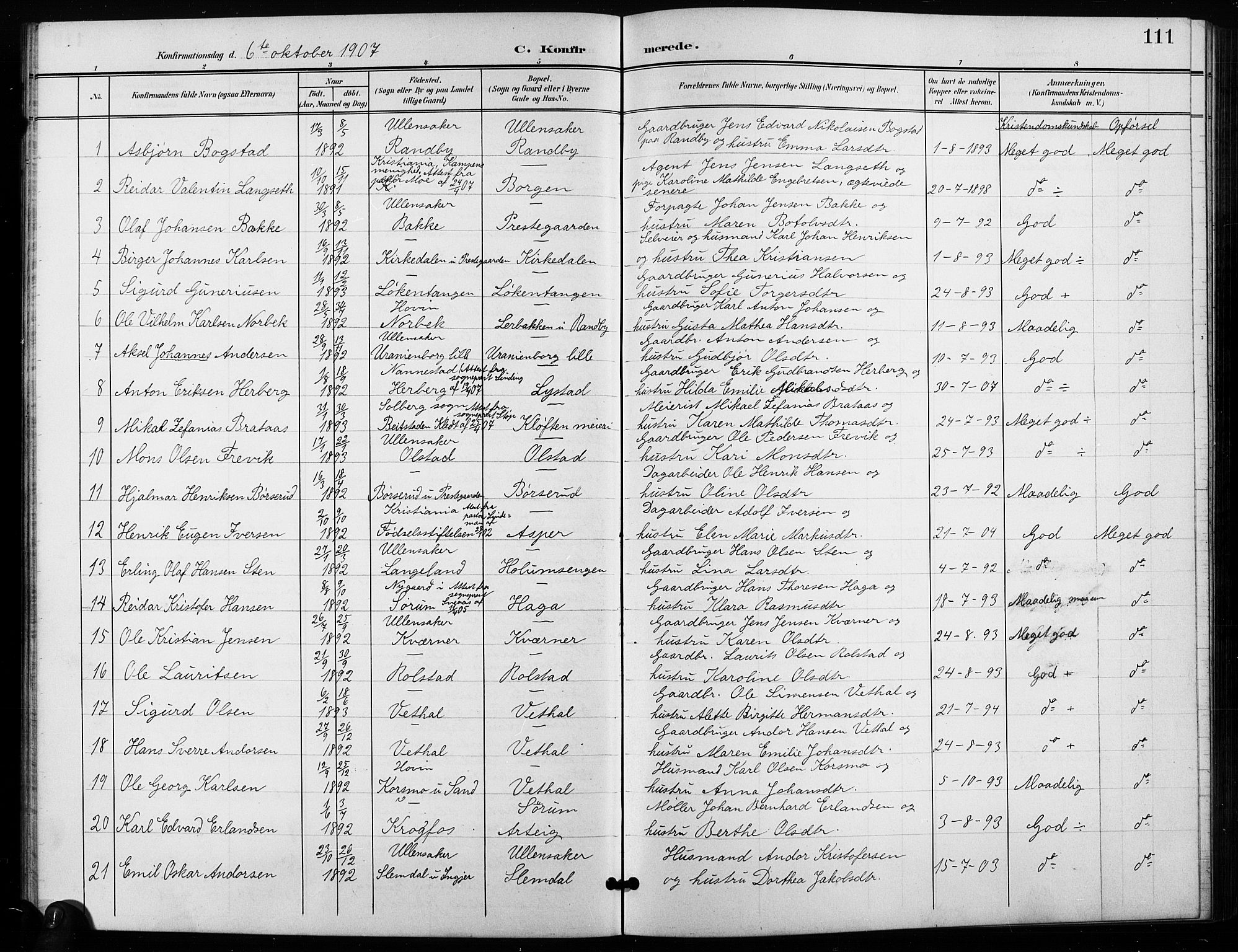 Ullensaker prestekontor Kirkebøker, AV/SAO-A-10236a/G/Ga/L0002: Klokkerbok nr. I 2, 1901-1913, s. 111