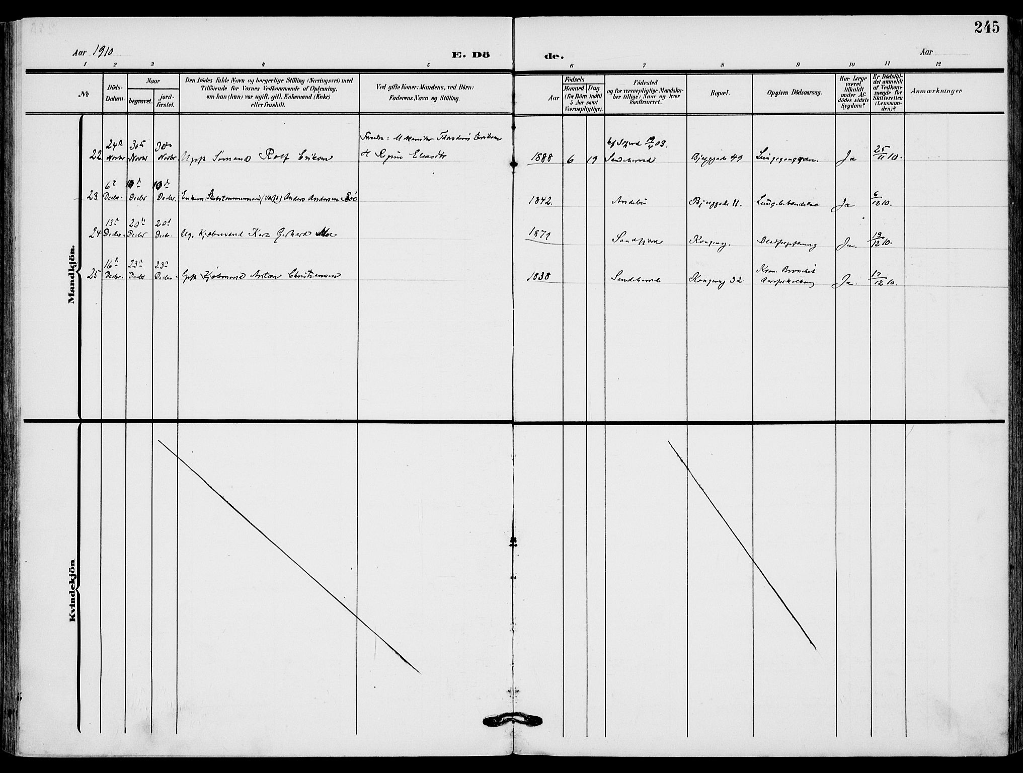 Sandefjord kirkebøker, SAKO/A-315/F/Fa/L0005: Ministerialbok nr. 5, 1906-1915, s. 245