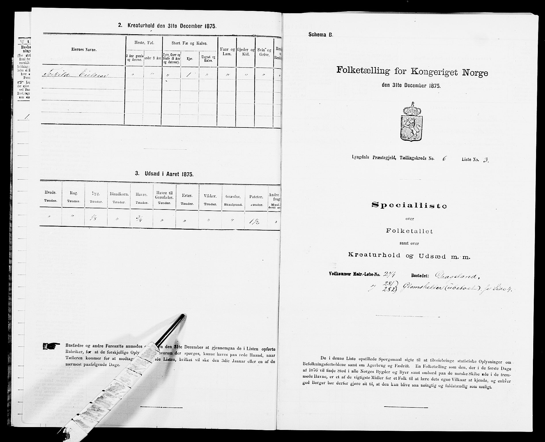 SAK, Folketelling 1875 for 1032P Lyngdal prestegjeld, 1875, s. 967