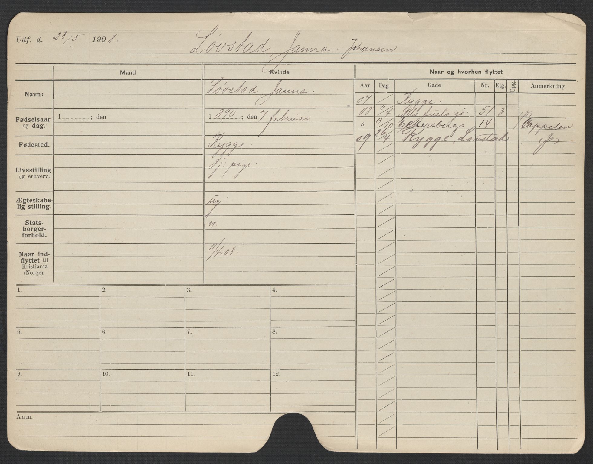 Oslo folkeregister, Registerkort, AV/SAO-A-11715/F/Fa/Fac/L0020: Kvinner, 1906-1914, s. 473a