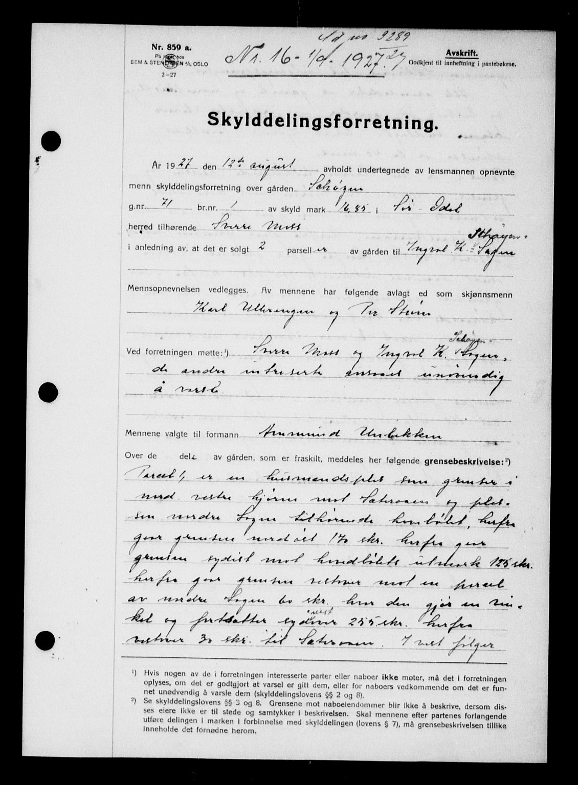 Vinger og Odal sorenskriveri, SAH/TING-022/H/Hb/Hbb/L0022: Pantebok nr. I, 1926-1927, Tingl.dato: 01.09.1927