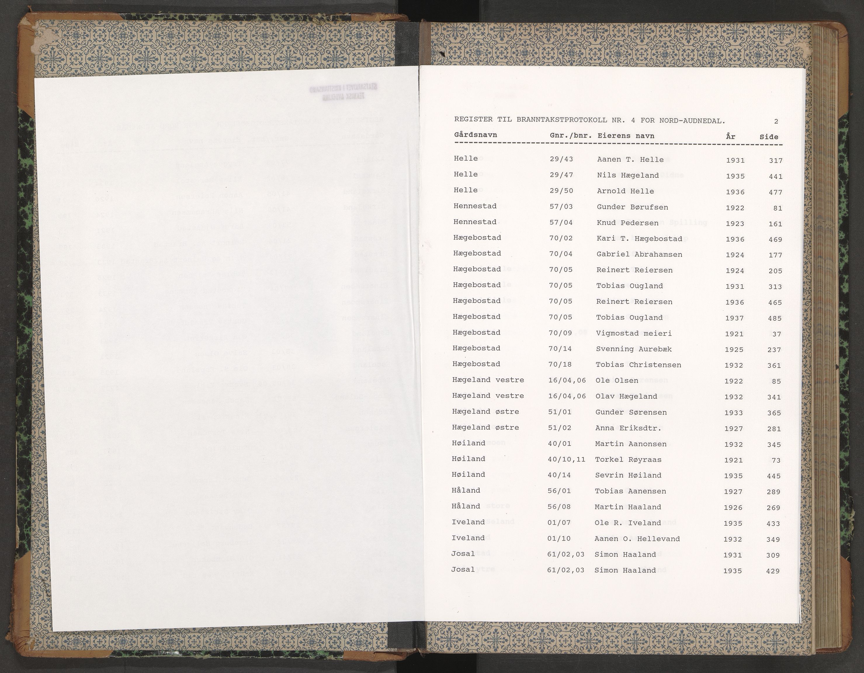 Norges Brannkasse Nord-Audnedal, AV/SAK-2241-0041/F/Fa/L0004: Branntakstprotokoll nr. 4 med gårdsnavnregister, 1920-1937