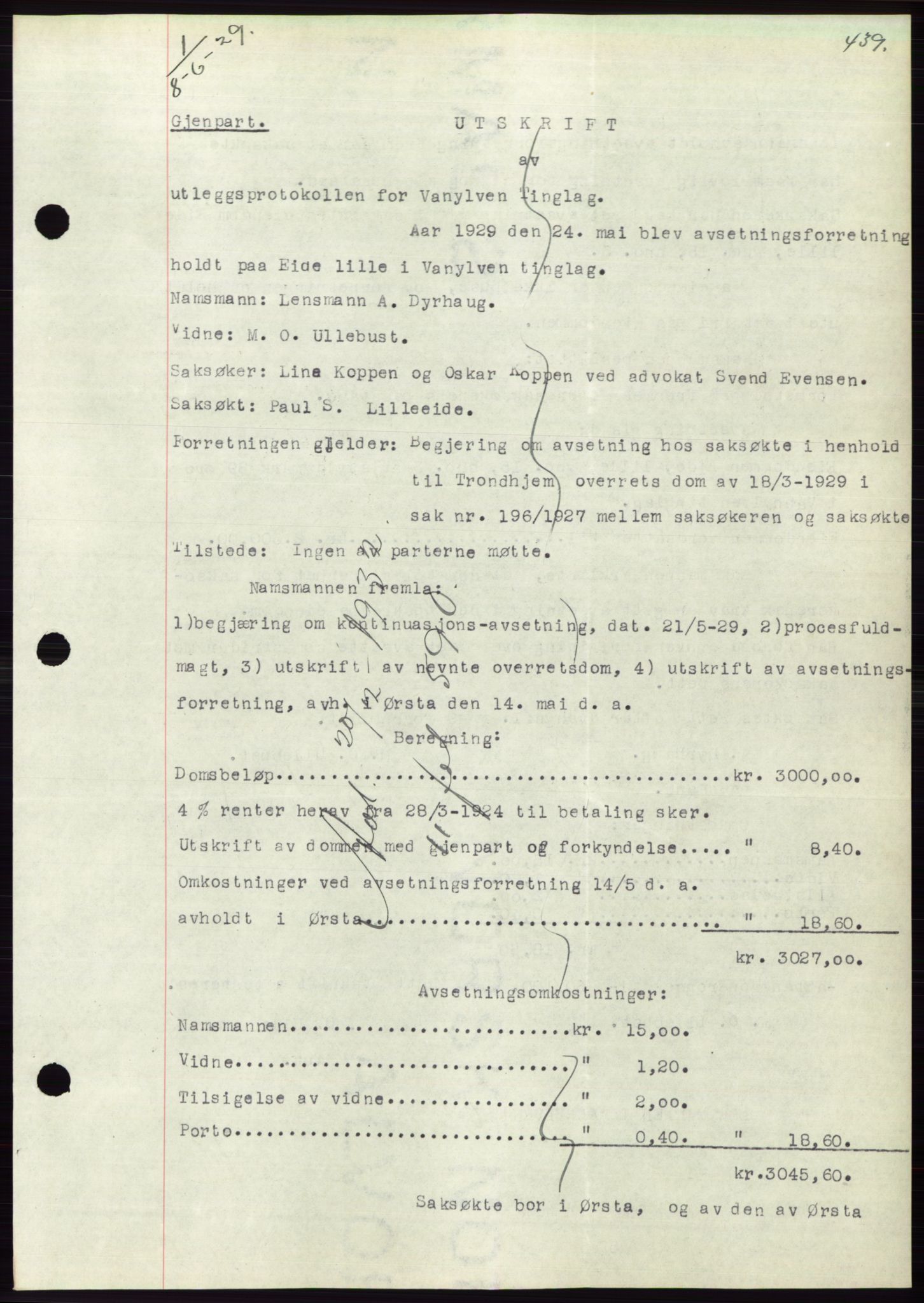 Søre Sunnmøre sorenskriveri, AV/SAT-A-4122/1/2/2C/L0049: Pantebok nr. 43, 1929-1929, Tingl.dato: 08.06.1929