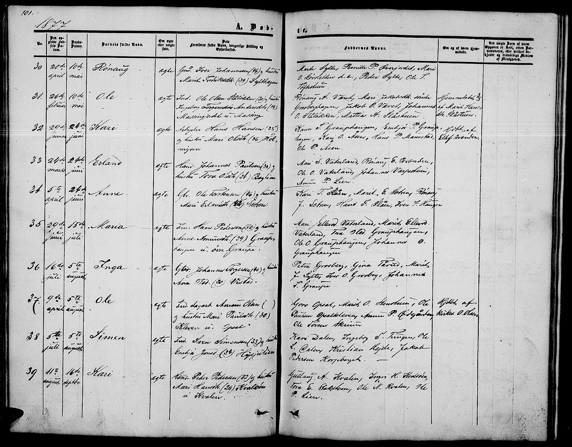 Nord-Fron prestekontor, AV/SAH-PREST-080/H/Ha/Hab/L0002: Klokkerbok nr. 2, 1851-1883, s. 101