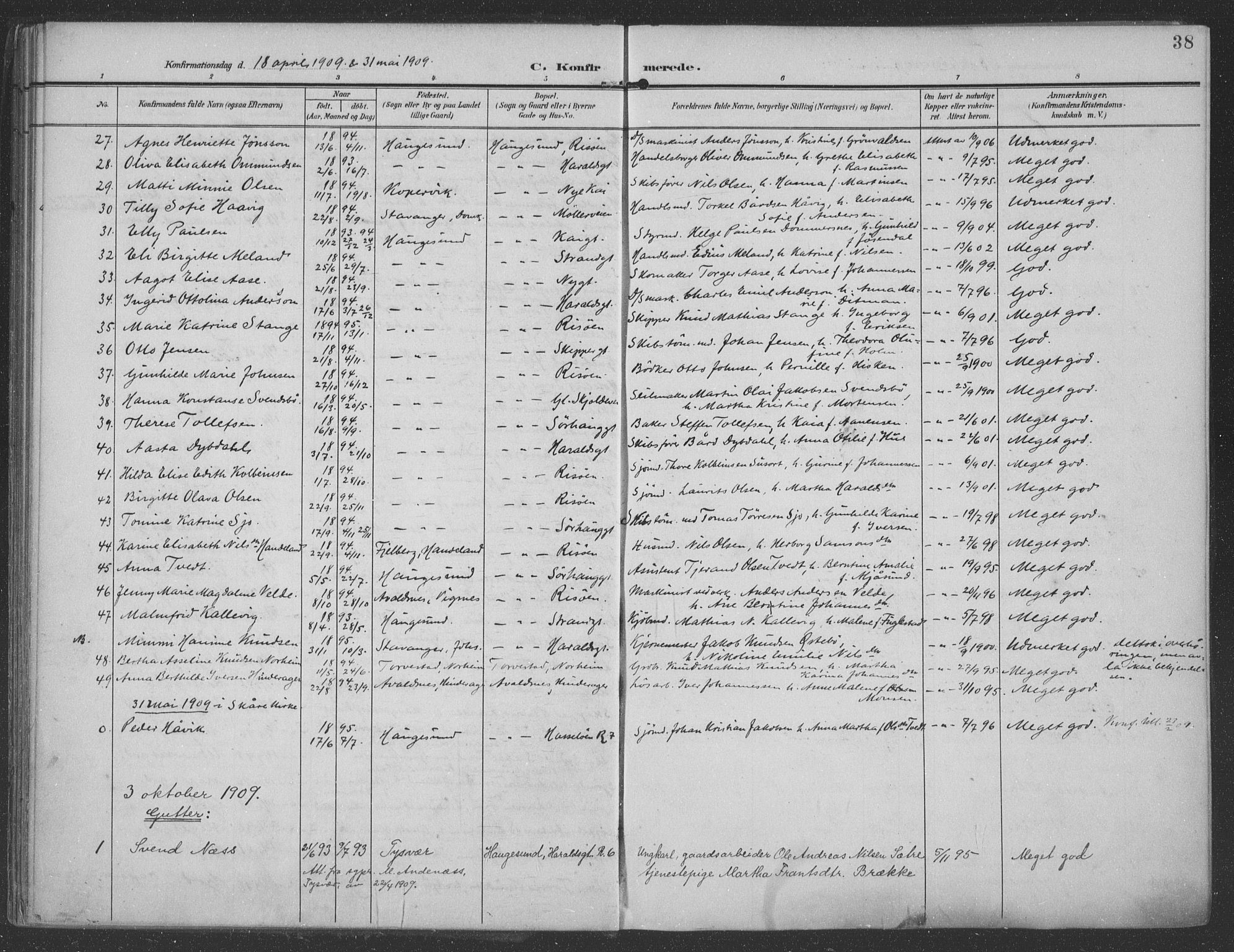 Haugesund sokneprestkontor, AV/SAST-A -101863/H/Ha/Haa/L0007: Ministerialbok nr. A 7, 1904-1916, s. 38