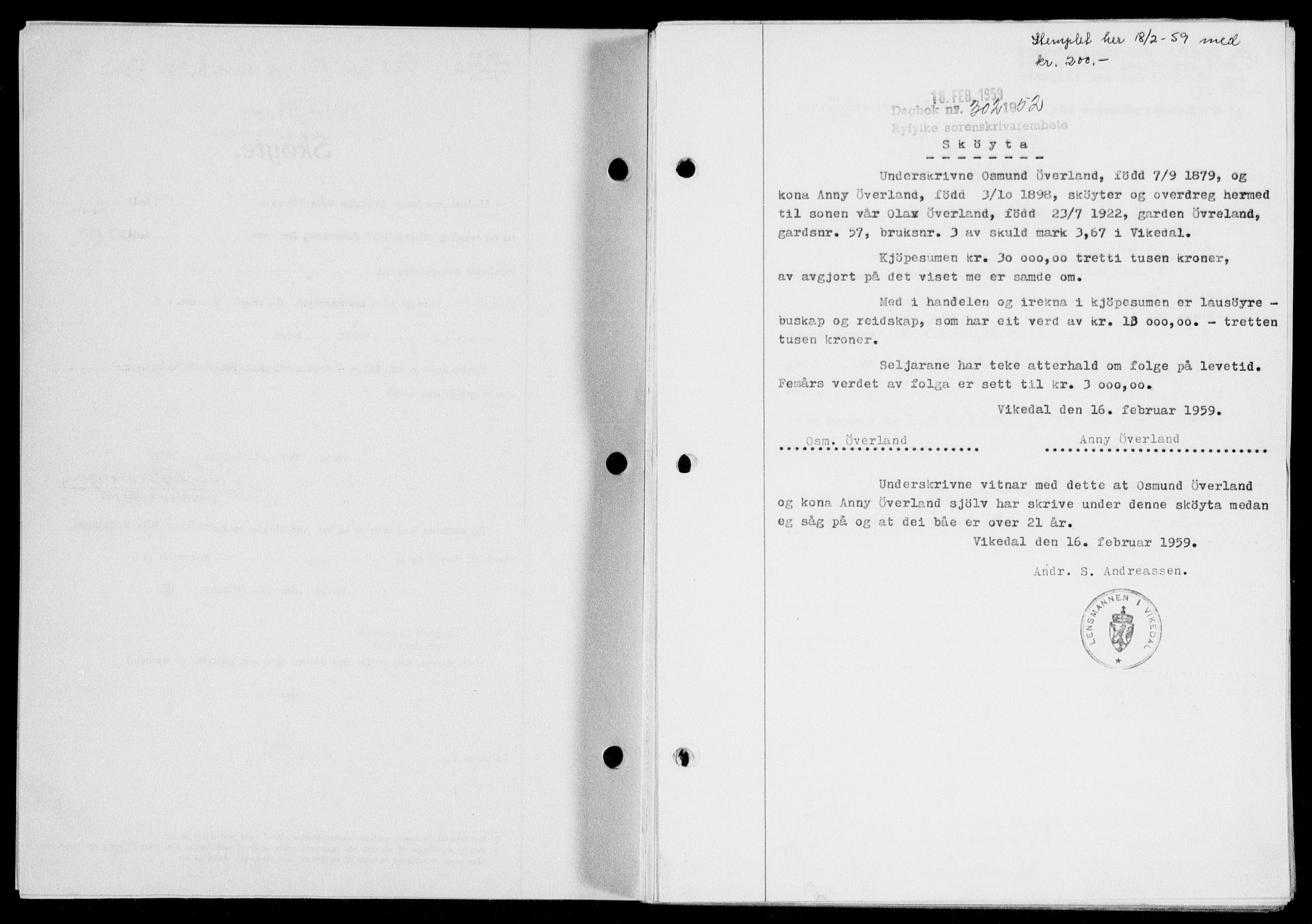 Ryfylke tingrett, SAST/A-100055/001/II/IIB/L0146: Pantebok nr. 125, 1965-1959, Dagboknr: 302/1959