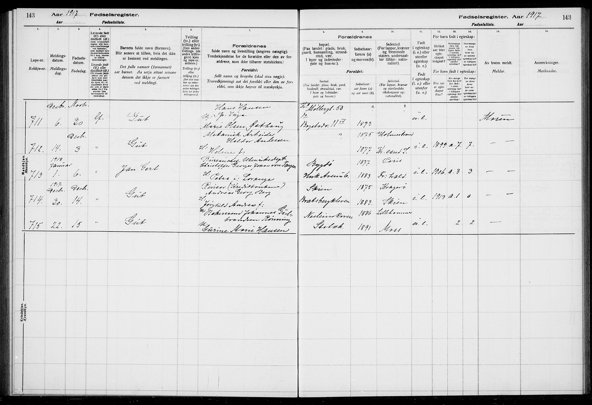 Rikshospitalet prestekontor Kirkebøker, AV/SAO-A-10309b/J/L0002: Fødselsregister nr. 2, 1917-1917, s. 143