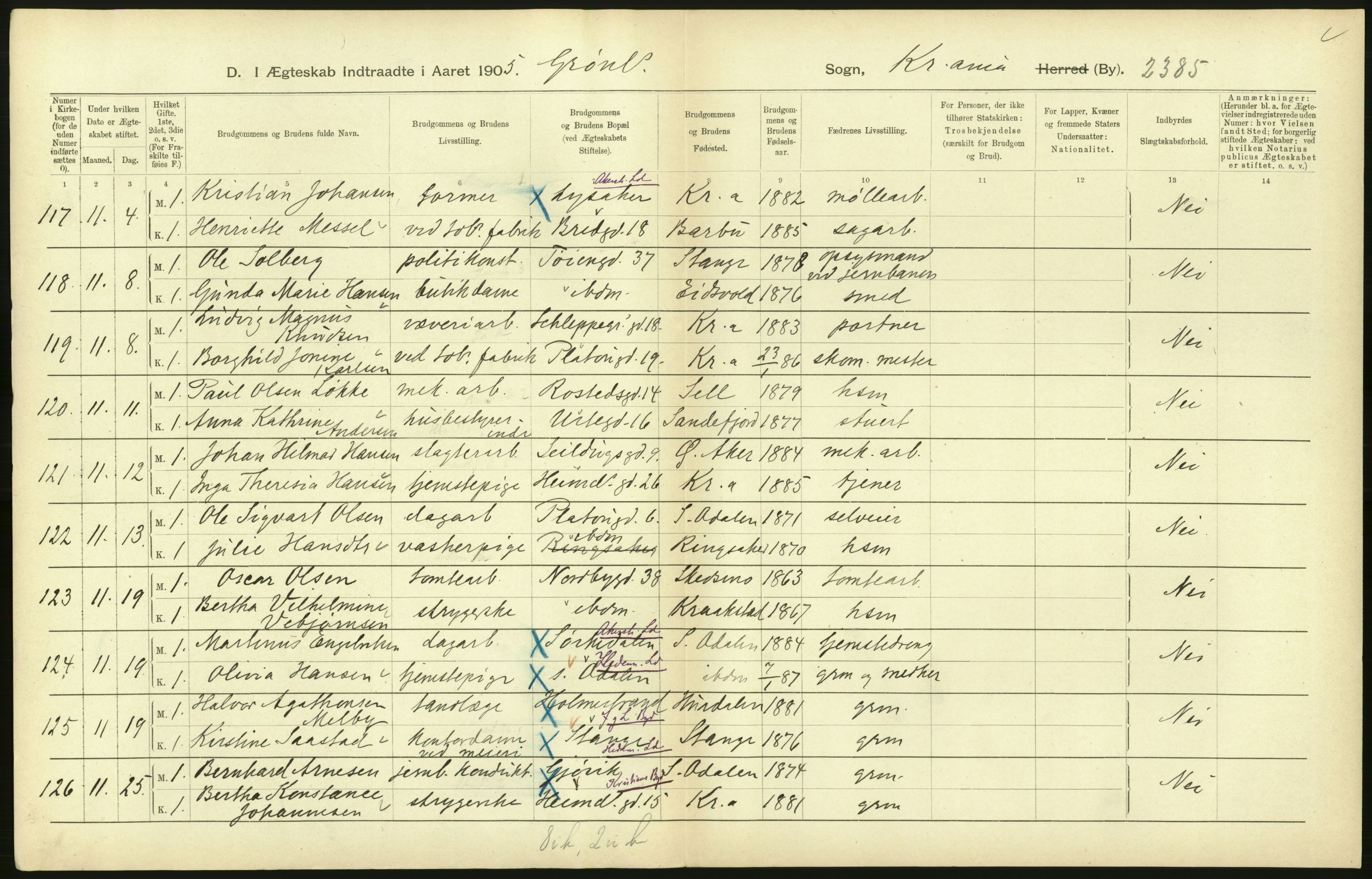 Statistisk sentralbyrå, Sosiodemografiske emner, Befolkning, AV/RA-S-2228/D/Df/Dfa/Dfac/L0007b: Kristiania: Gifte, 1905, s. 364