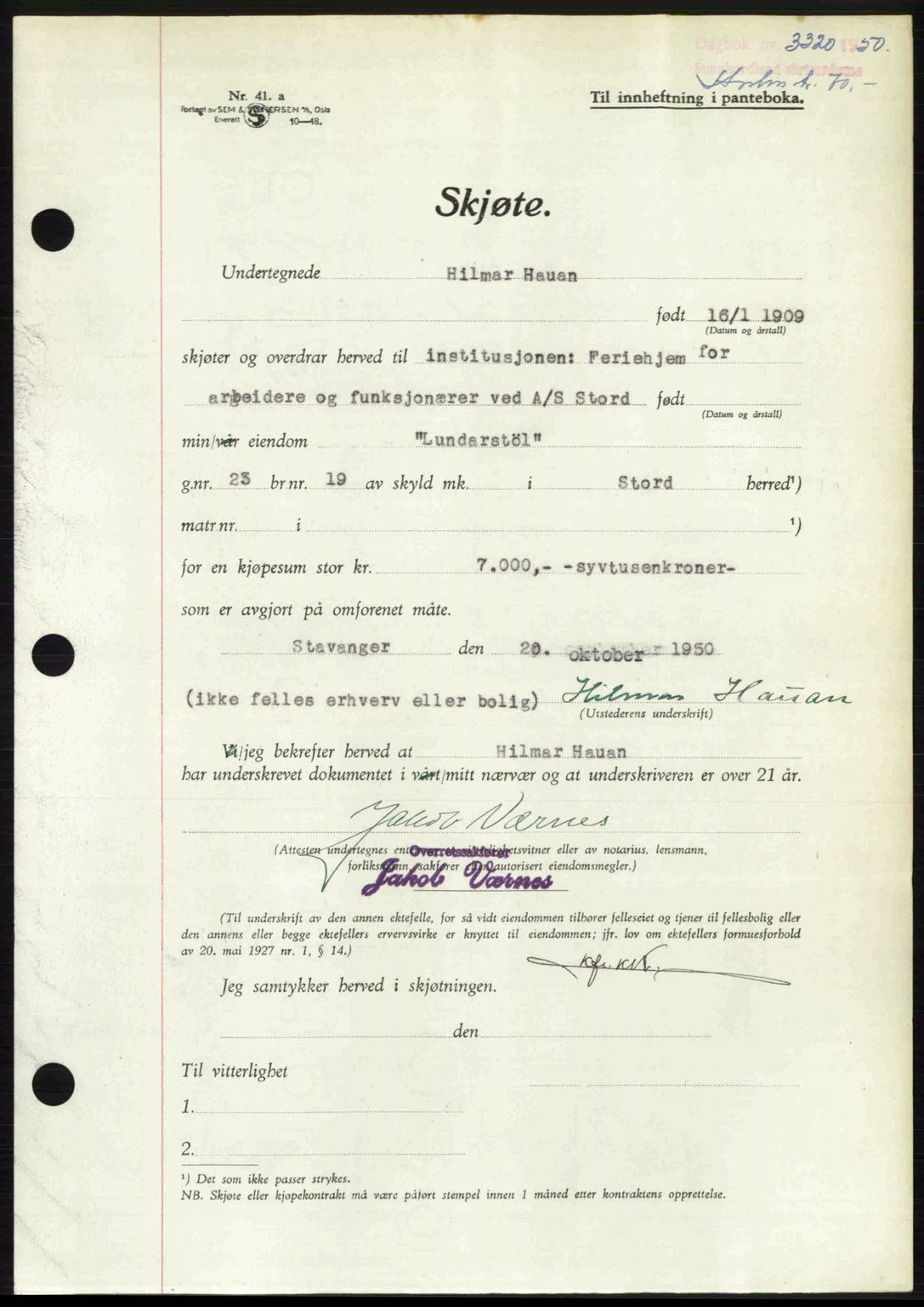 Sunnhordland sorenskrivar, AV/SAB-A-2401: Pantebok nr. A95, 1950-1950, Dagboknr: 3320/1950