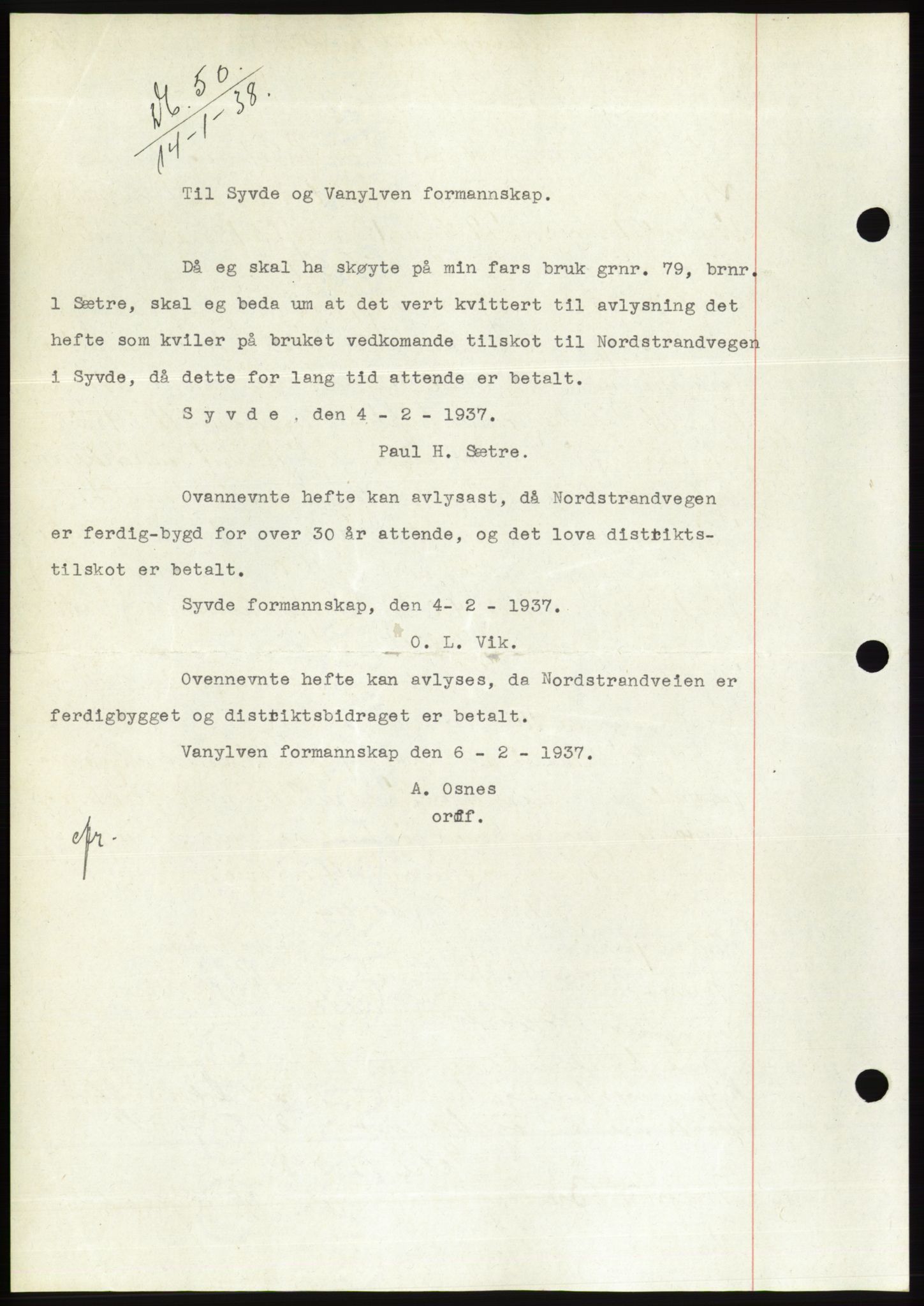 Søre Sunnmøre sorenskriveri, SAT/A-4122/1/2/2C/L0064: Pantebok nr. 58, 1937-1938, Dagboknr: 50/1938