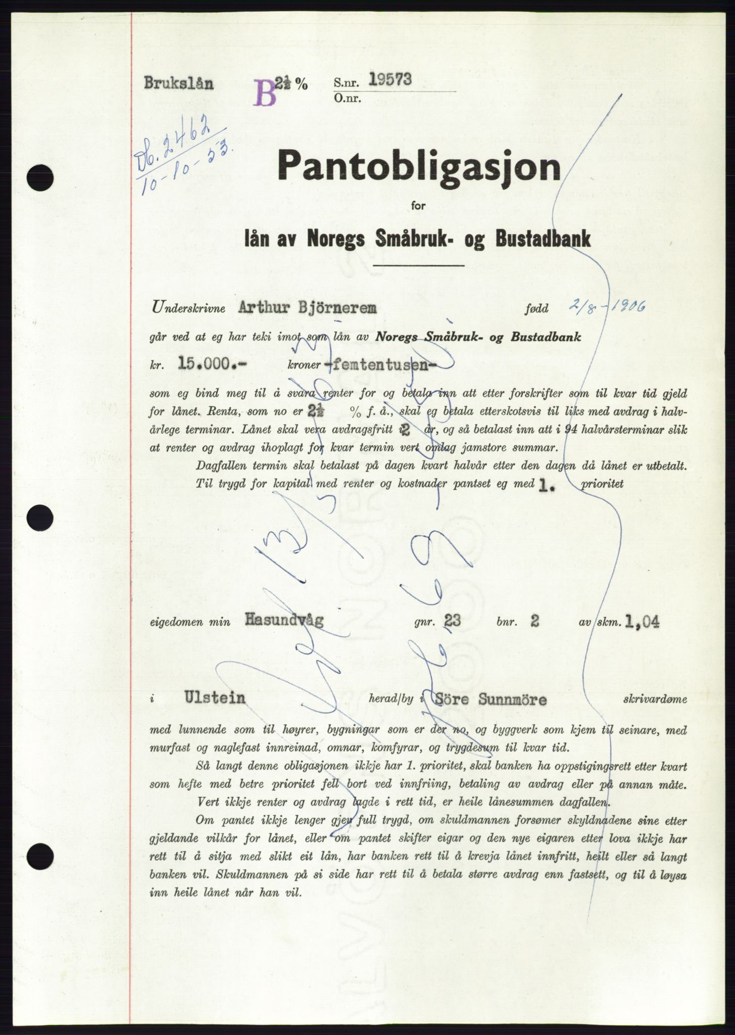 Søre Sunnmøre sorenskriveri, AV/SAT-A-4122/1/2/2C/L0124: Pantebok nr. 12B, 1953-1954, Dagboknr: 2462/1953
