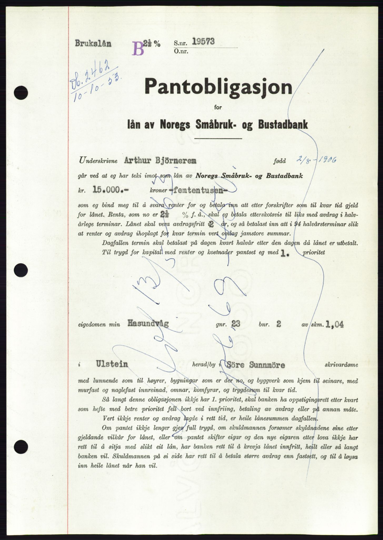 Søre Sunnmøre sorenskriveri, SAT/A-4122/1/2/2C/L0124: Pantebok nr. 12B, 1953-1954, Dagboknr: 2462/1953