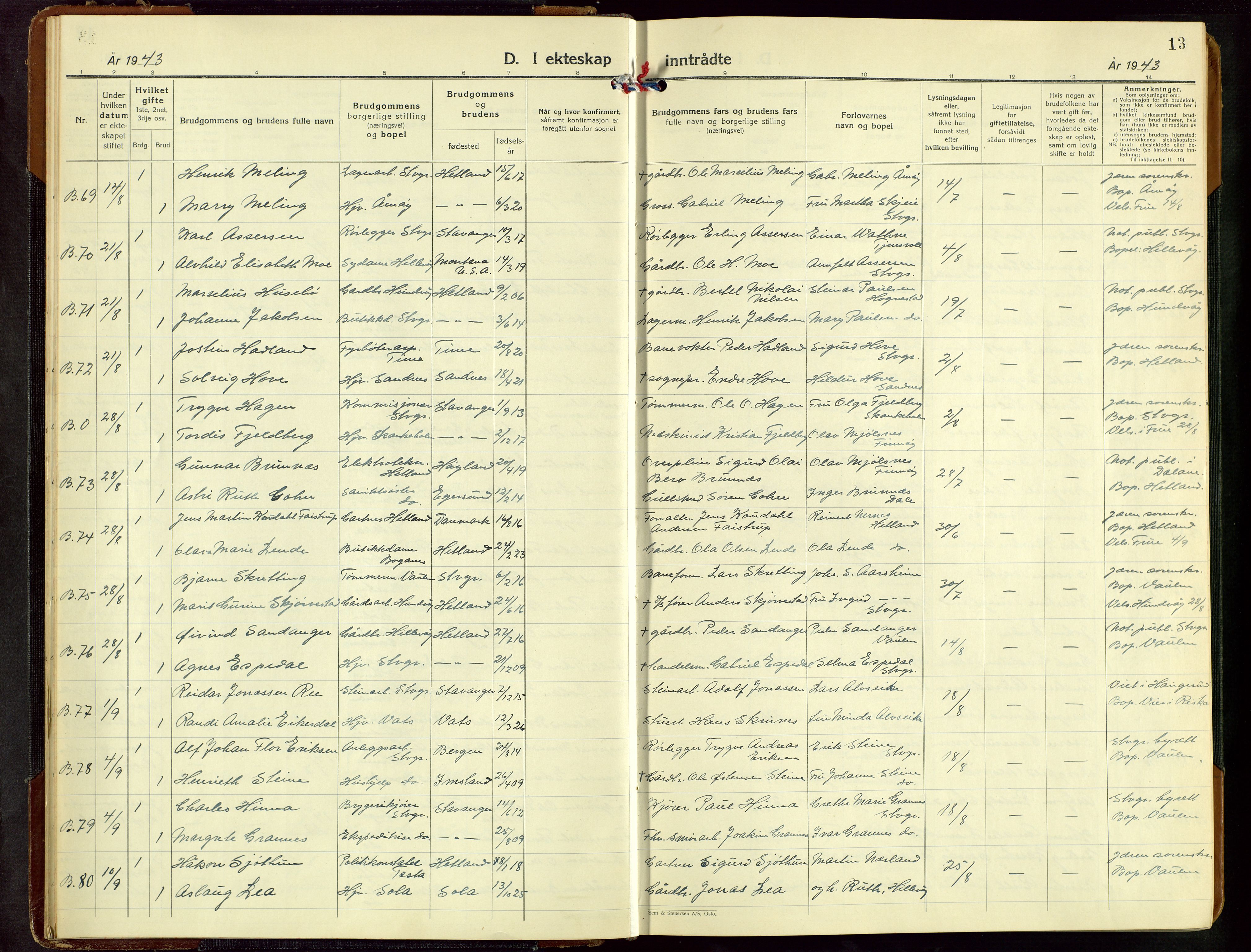 Hetland sokneprestkontor, AV/SAST-A-101826/30/30BB/L0016: Klokkerbok nr. B 16, 1942-1960, s. 13