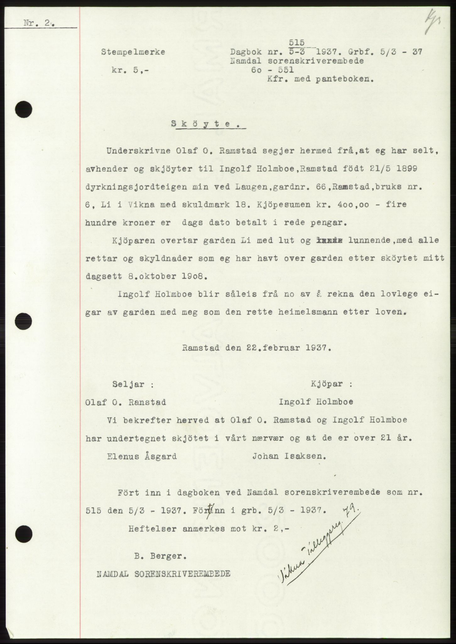Namdal sorenskriveri, SAT/A-4133/1/2/2C: Pantebok nr. -, 1937-1939, Tingl.dato: 05.03.1937