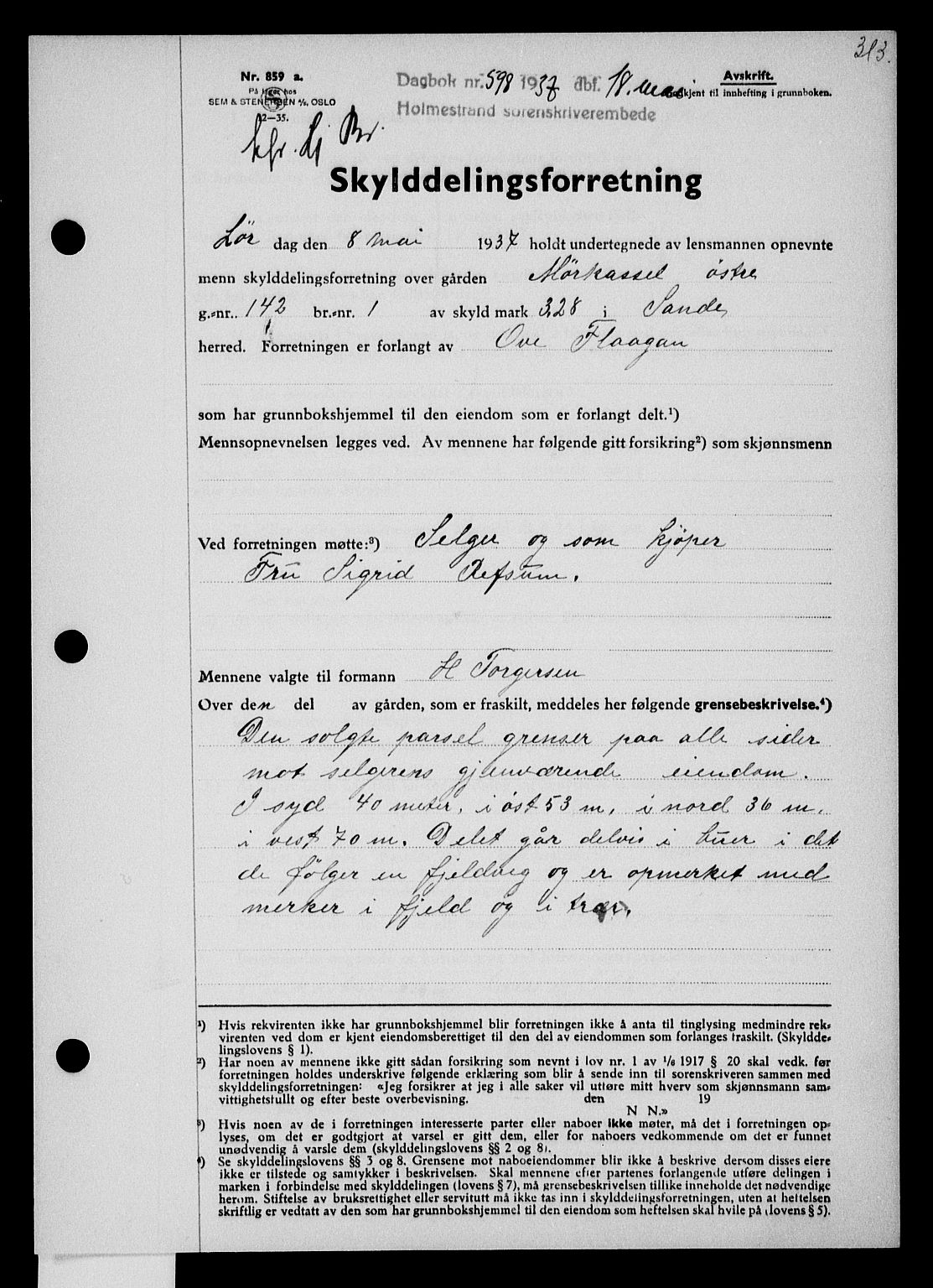 Holmestrand sorenskriveri, SAKO/A-67/G/Ga/Gaa/L0048: Pantebok nr. A-48, 1936-1937, Dagboknr: 598/1937