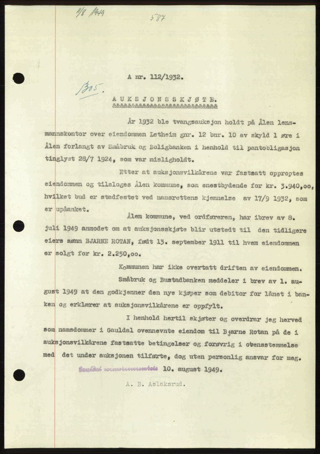 Gauldal sorenskriveri, SAT/A-0014/1/2/2C: Pantebok nr. A8, 1949-1949, Dagboknr: 1305/1949