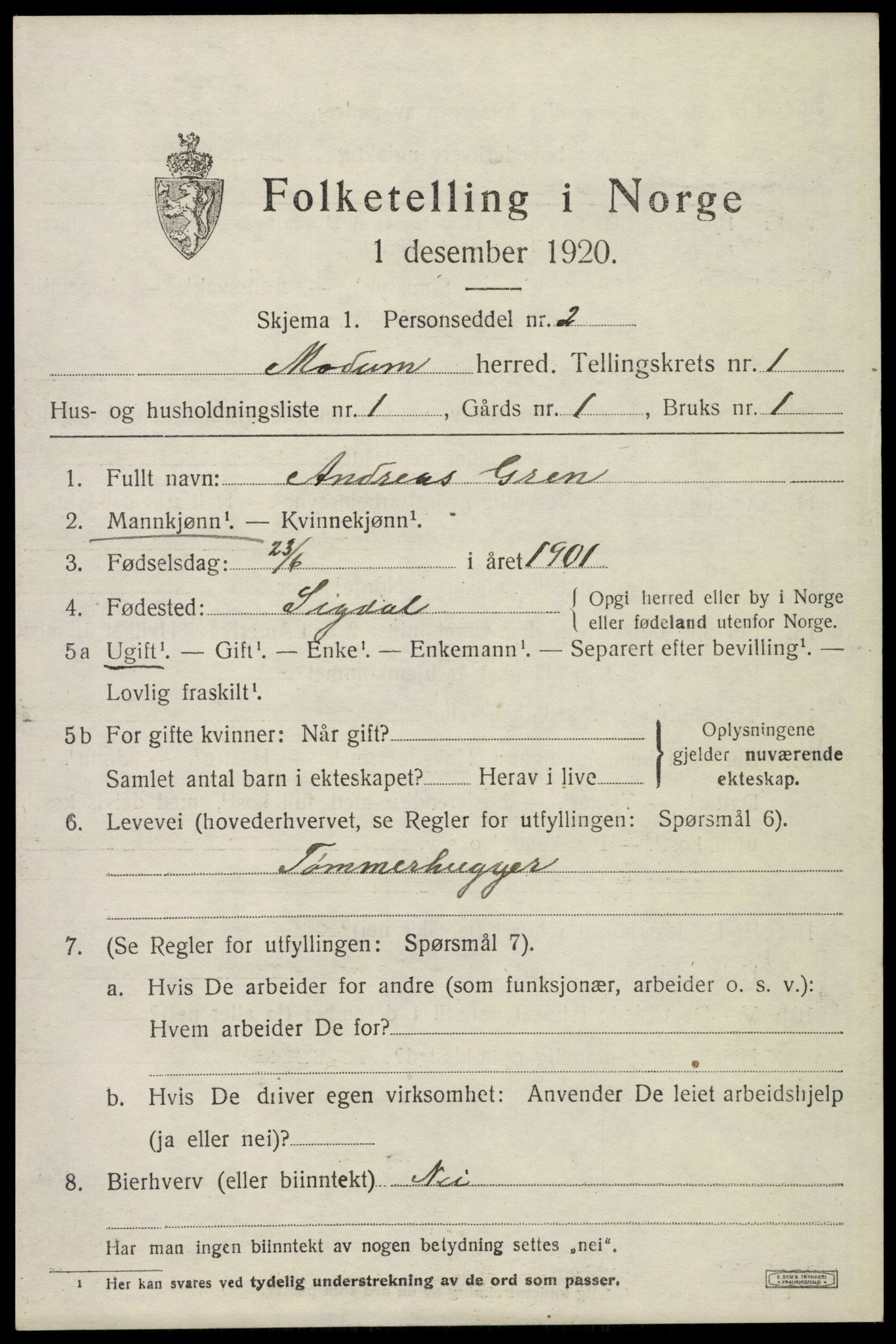 SAKO, Folketelling 1920 for 0623 Modum herred, 1920, s. 4049