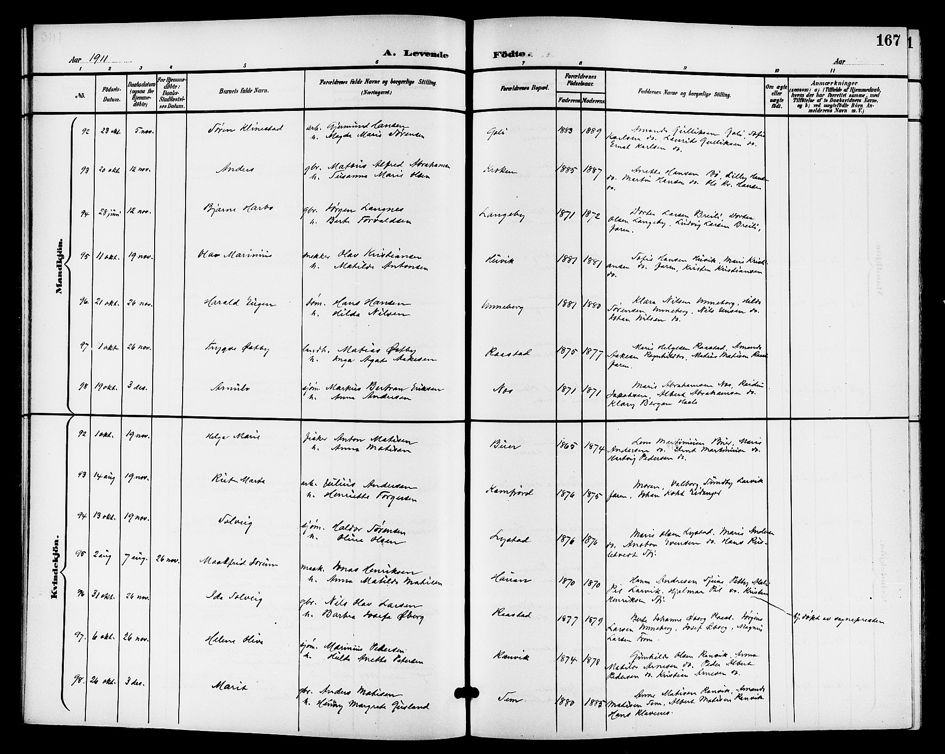 Sandar kirkebøker, AV/SAKO-A-243/G/Ga/L0002: Klokkerbok nr. 2, 1900-1915, s. 167