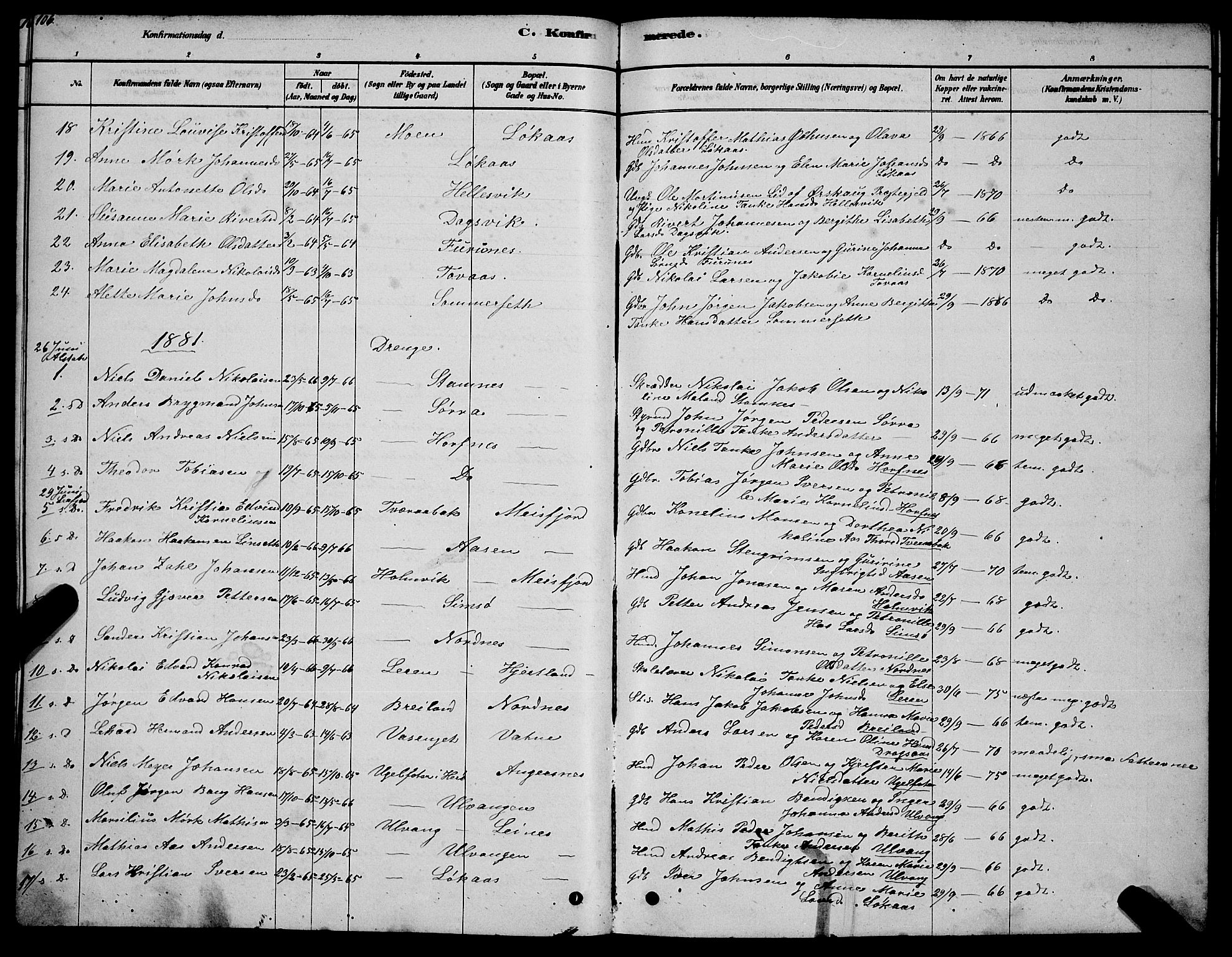 Ministerialprotokoller, klokkerbøker og fødselsregistre - Nordland, AV/SAT-A-1459/831/L0477: Klokkerbok nr. 831C04, 1878-1897, s. 106