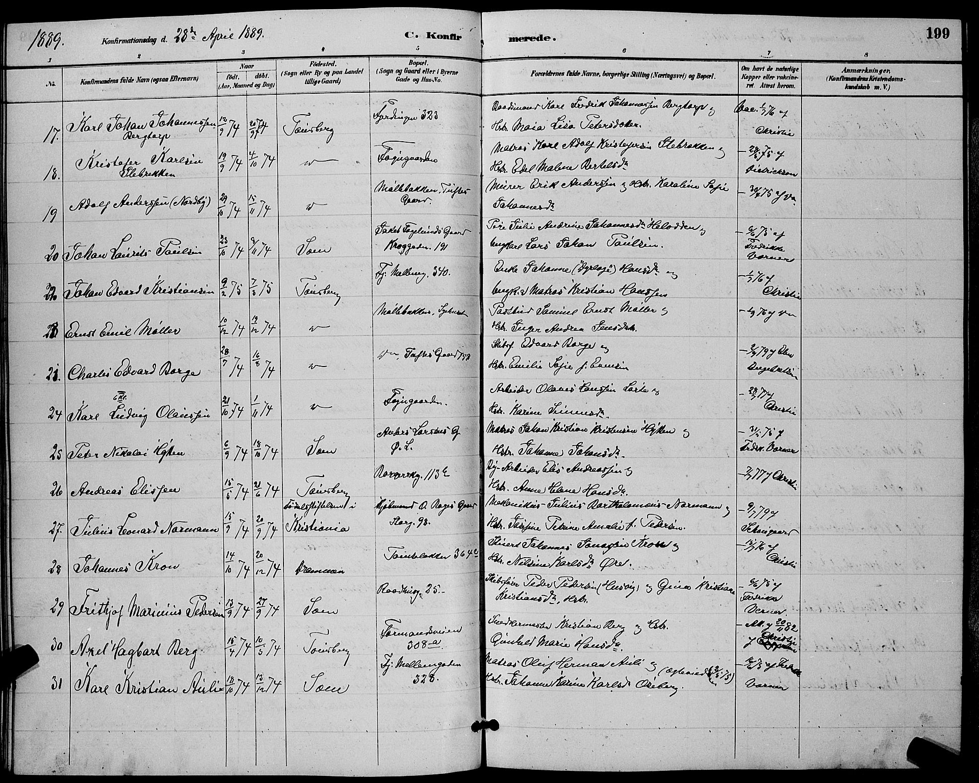Tønsberg kirkebøker, AV/SAKO-A-330/G/Ga/L0006: Klokkerbok nr. 6, 1885-1895, s. 199