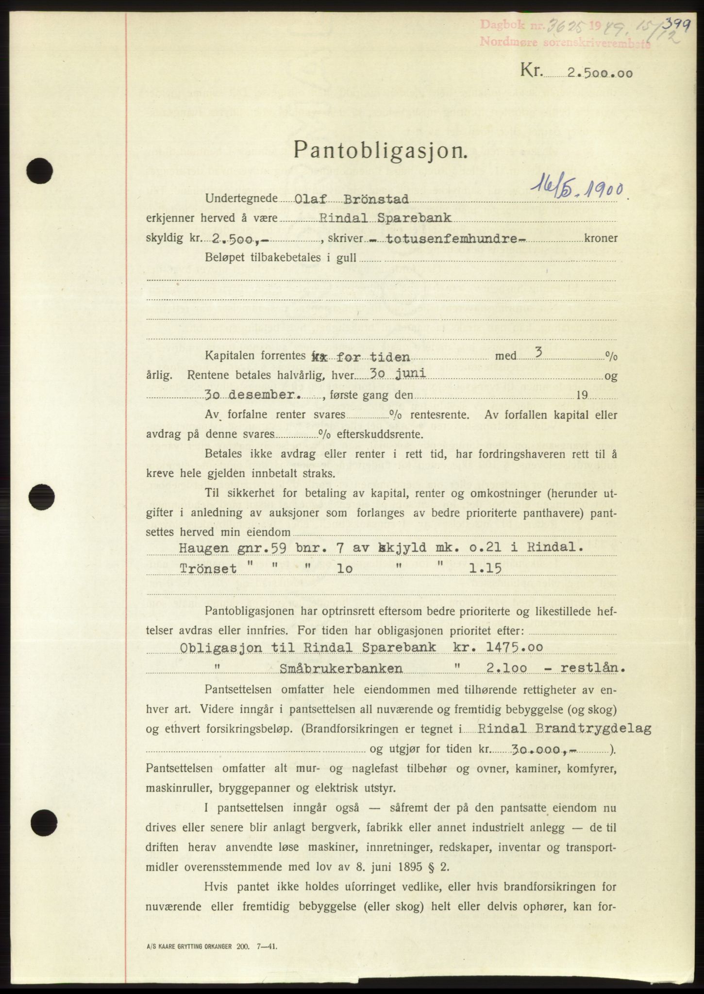 Nordmøre sorenskriveri, SAT/A-4132/1/2/2Ca: Pantebok nr. B103, 1949-1950, Dagboknr: 3625/1949