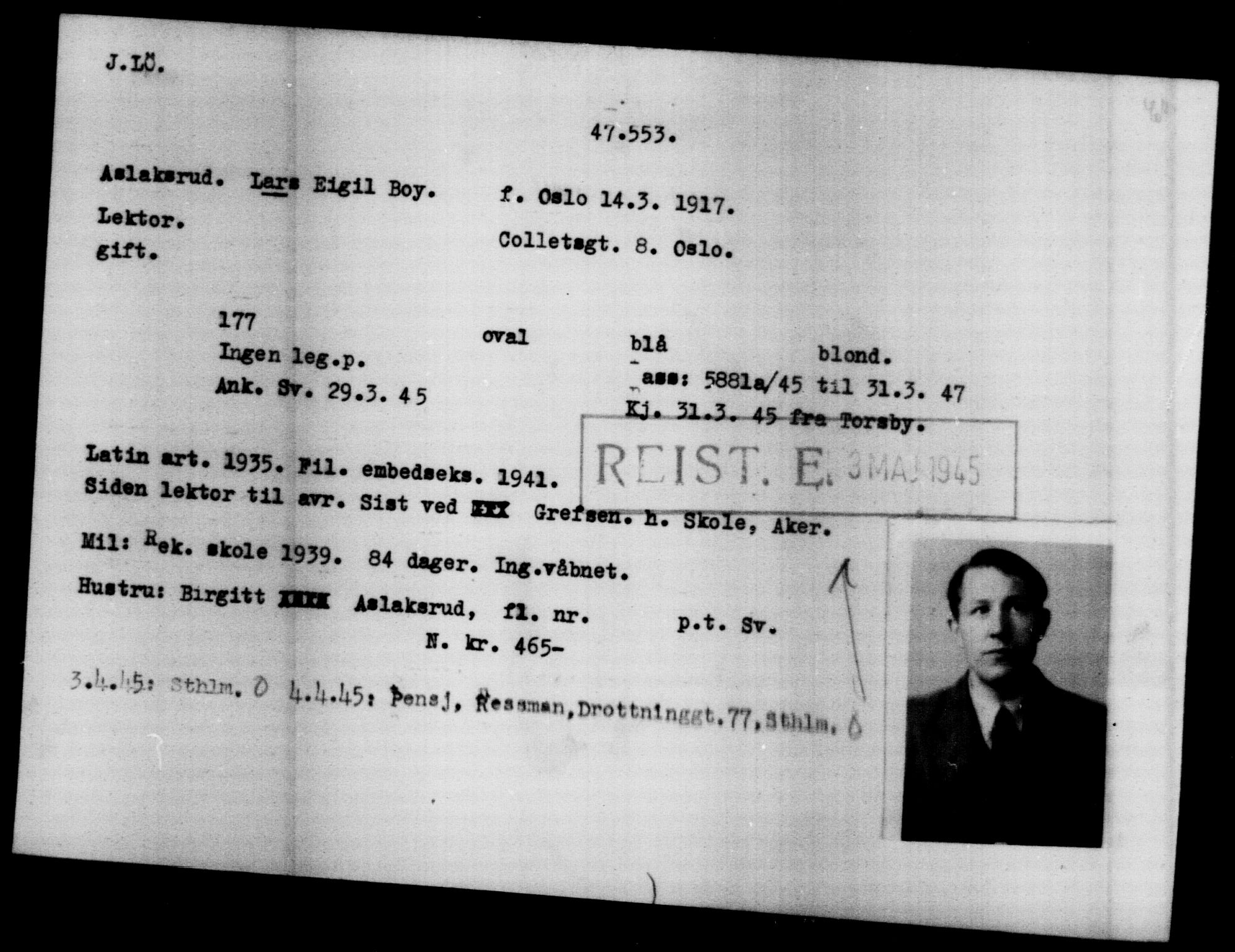 Utenriksstasjonene, Legasjonen i Stockholm, Flyktningkontoret, AV/RA-S-6753/V/Va/L0018: Kjesäterkartoteket, flyktninger med registreringsnr. 46200 og 46300-49603, 1940-1945, s. 1302